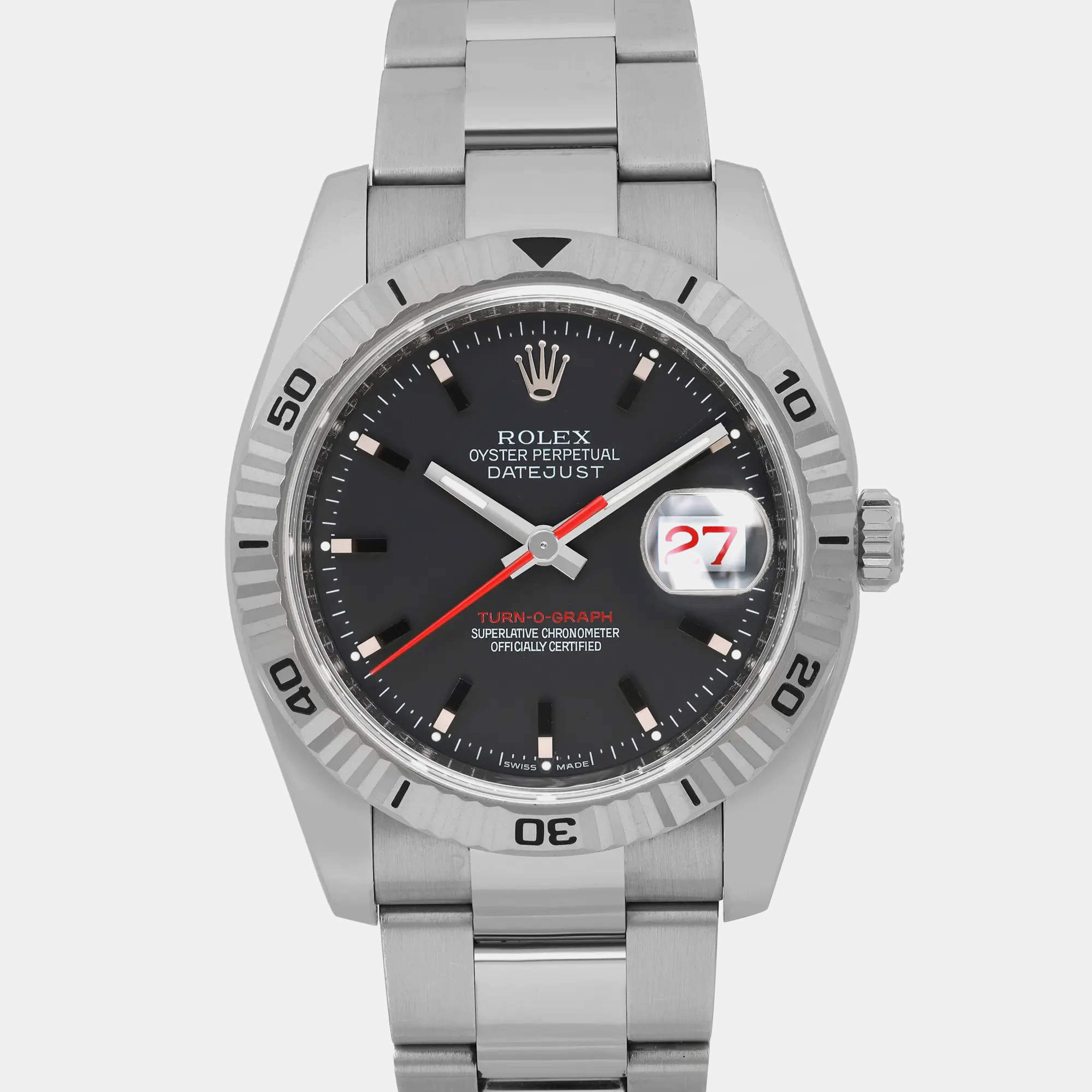 Pre Owned Rolex Black Stainless Steel Datejust Turn-O-Graph 116264 Automatic Men's Wristwatch 36 mm