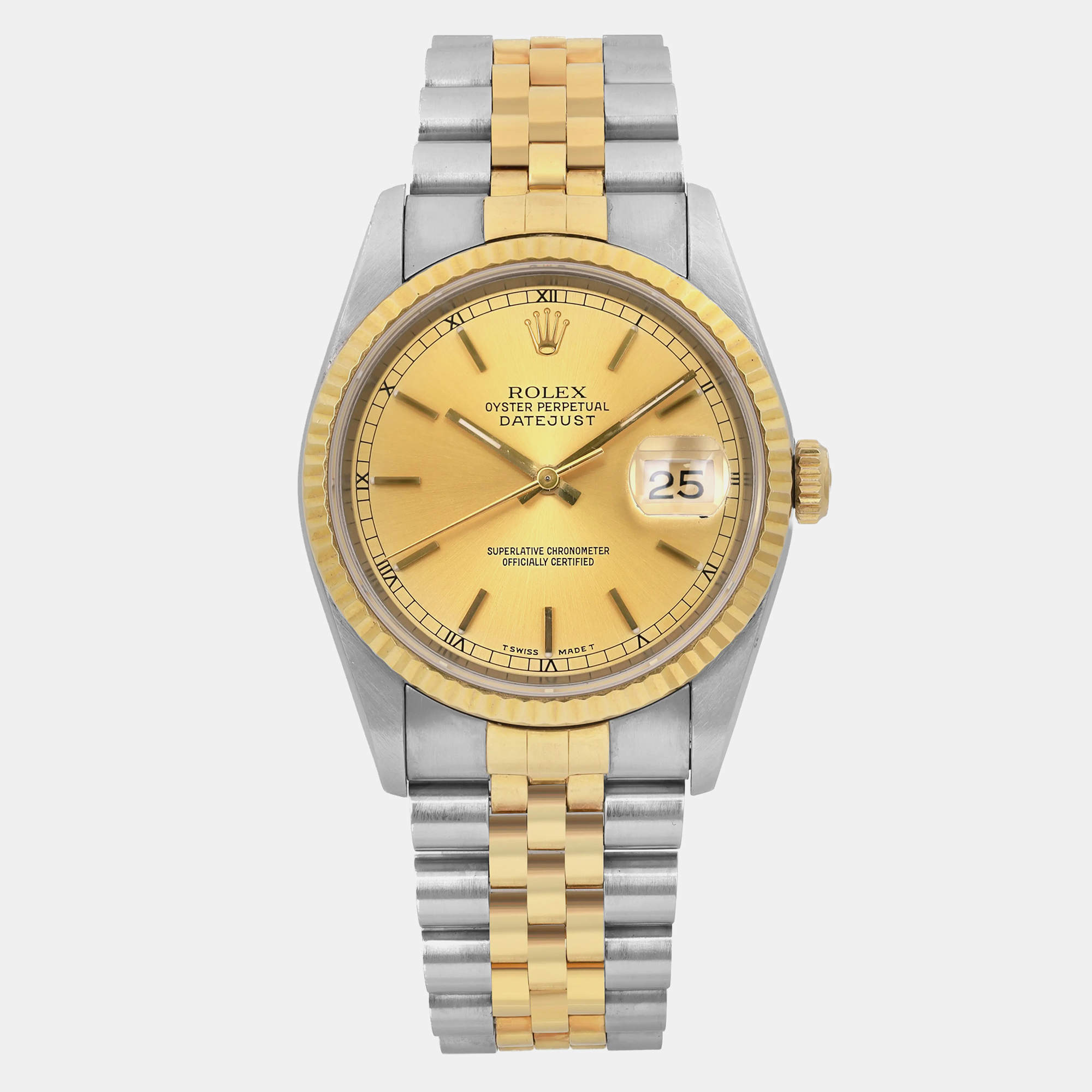 Rolex Champagne 18k Yellow Gold Stainless Steel Datejust 16233 Automatic Men's Wristwatch 36 mm