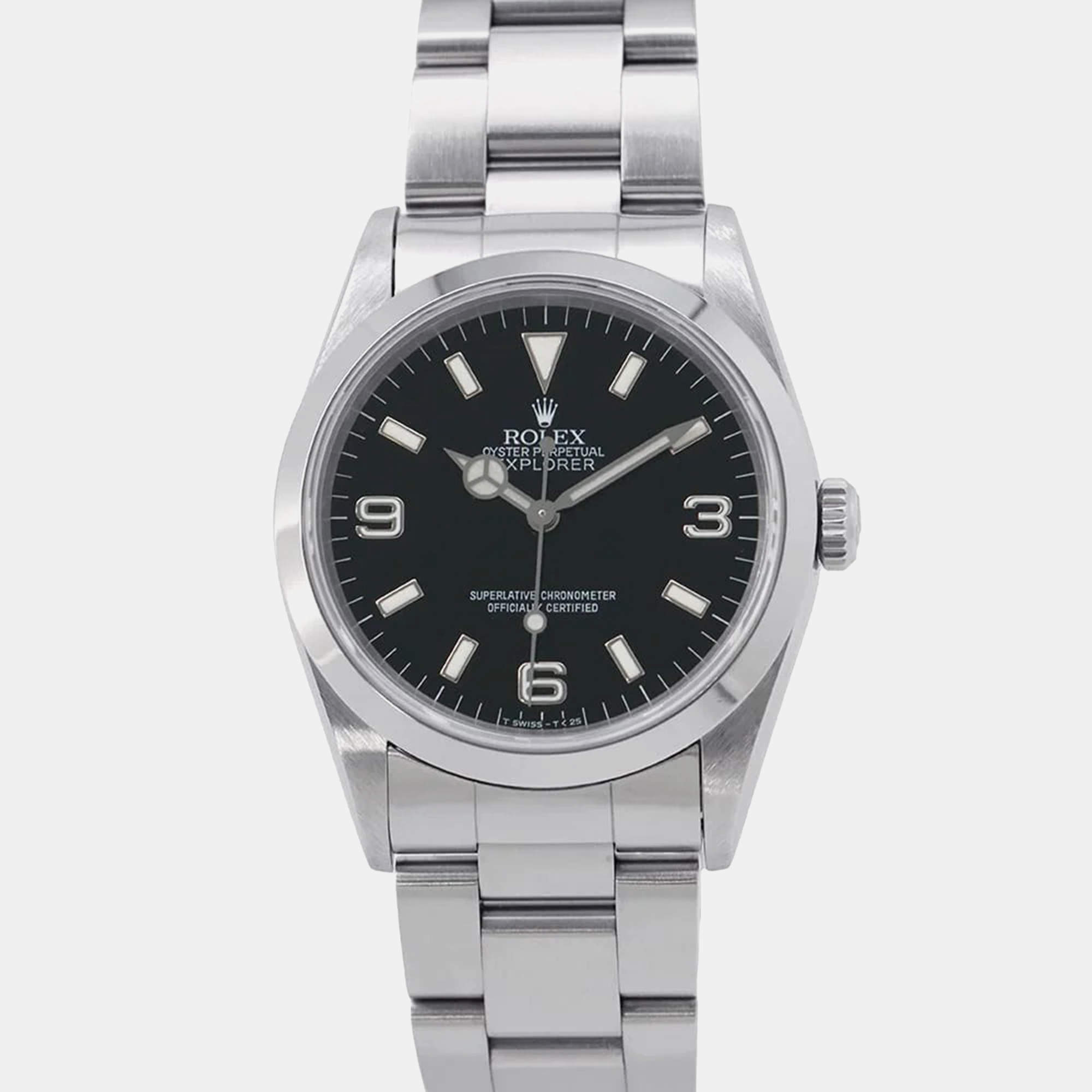 Rolex Black Stainless Steel Explorer 14270 Automatic Men's Wristwatch 36mm