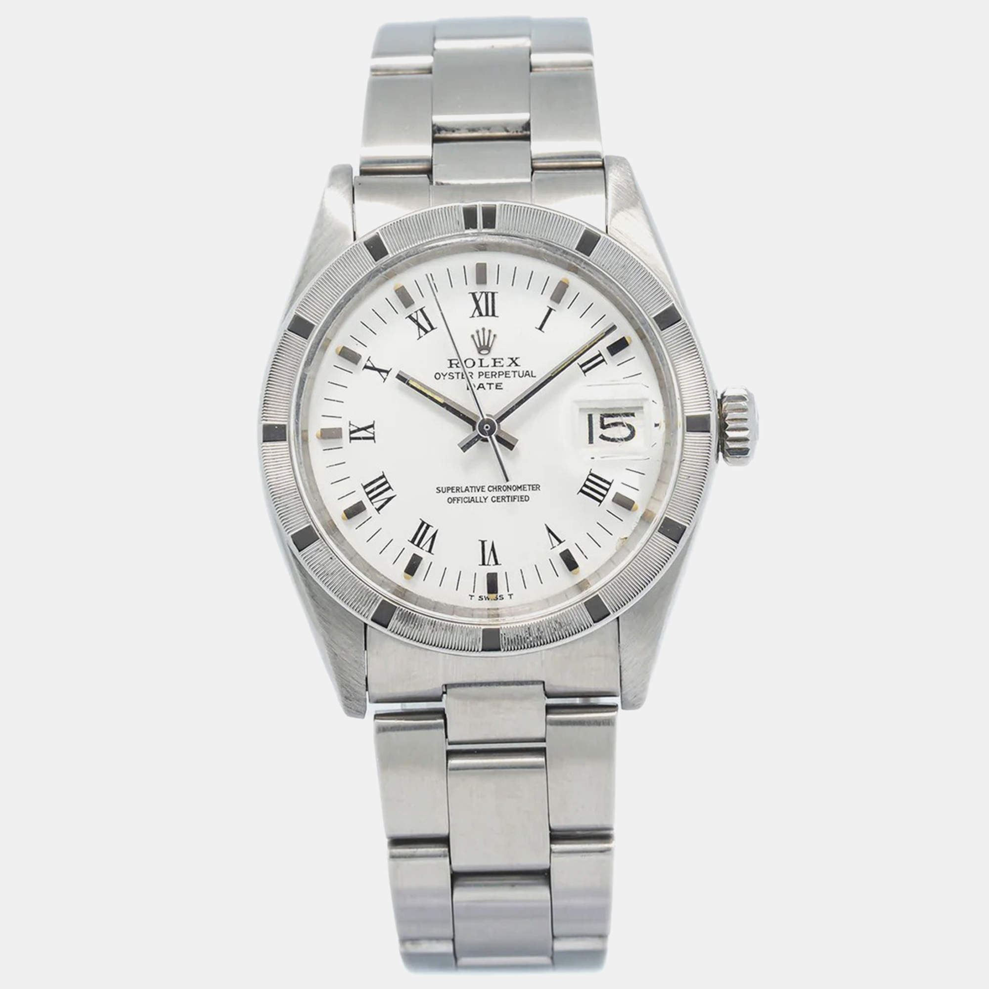 Rolex White Stainless Steel Oyster Perpetual Date 15010 Automatic Men's Wristwatch 34mm