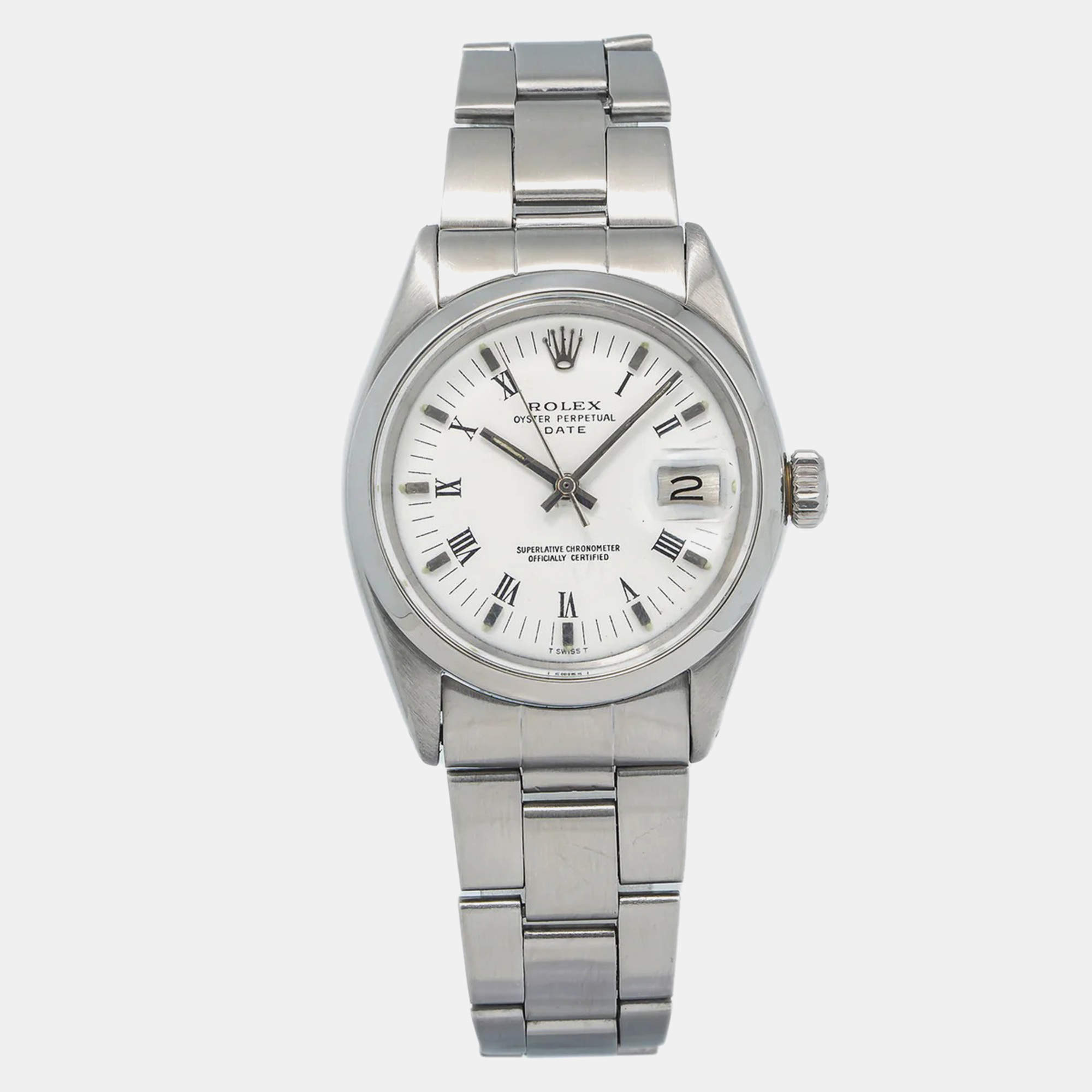 Rolex White Stainless Steel Oyster Perpetual Date 15000 Automatic Men's Wristwatch 34mm