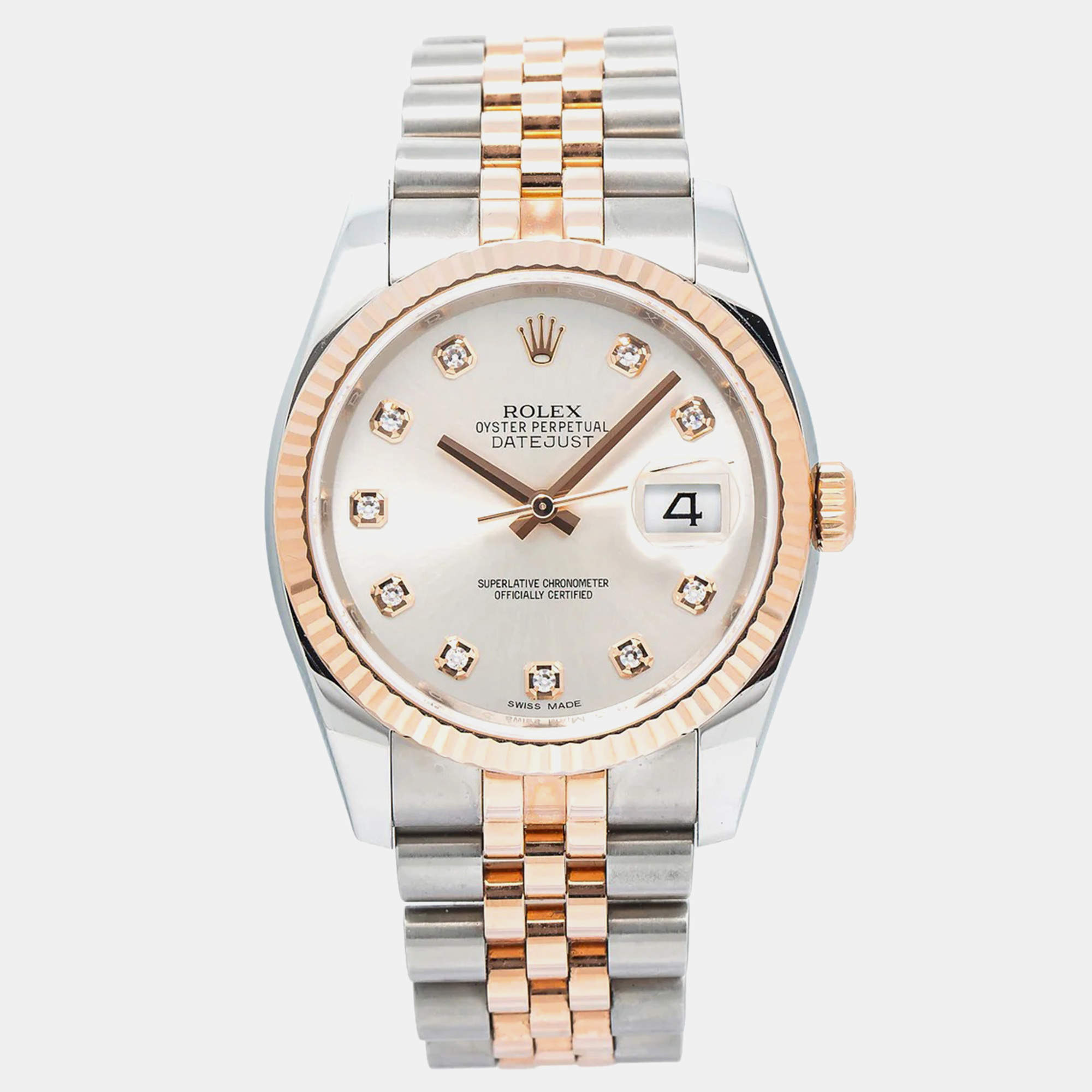 Rolex Silver Rose Gold Stainless Steel Datejust 116231 Automatic Men's Wristwatch 36mm