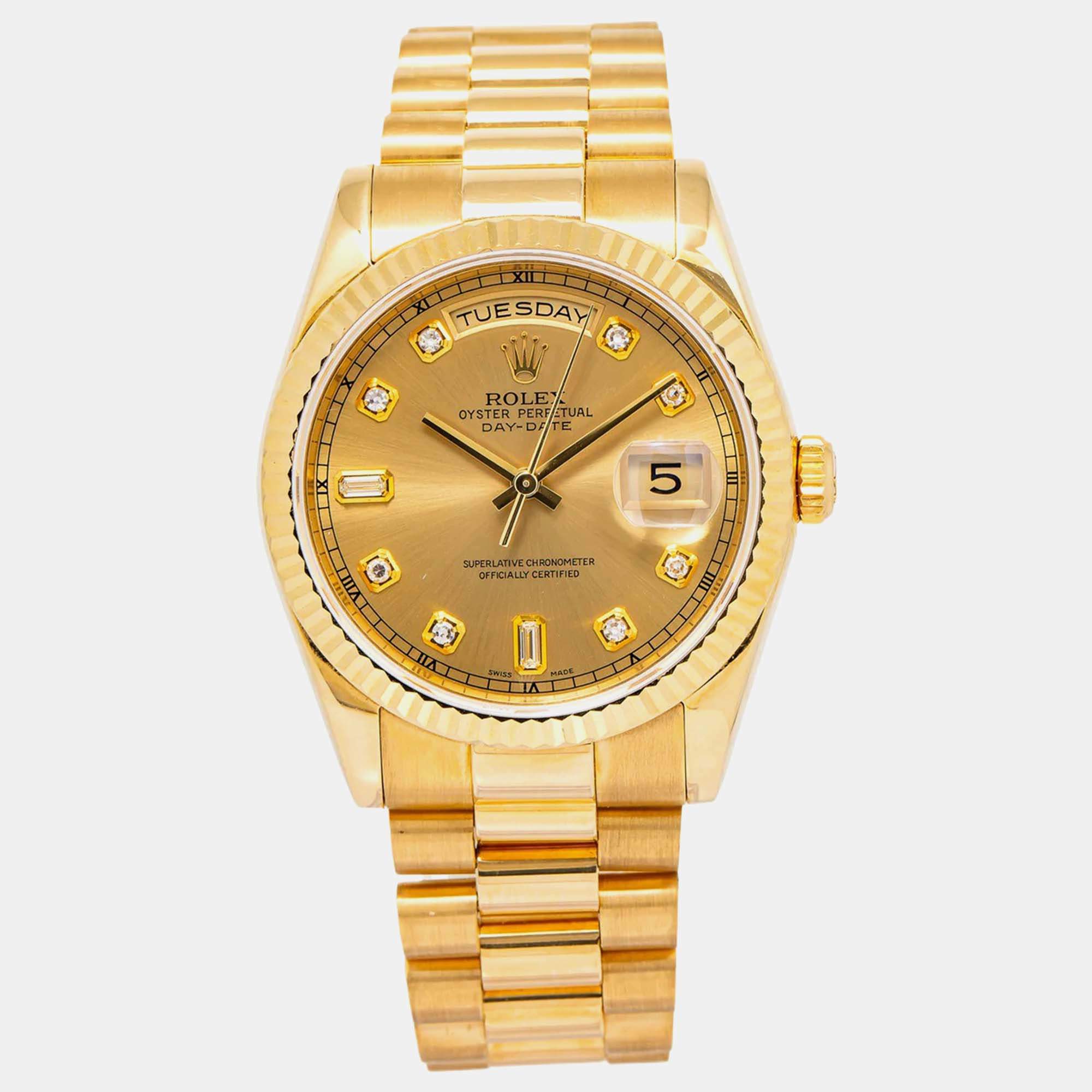 Rolex Day Date President 118238 Champagne 18k Yellow Gold Diamond Automatic Men's Wristwatch 36 mm