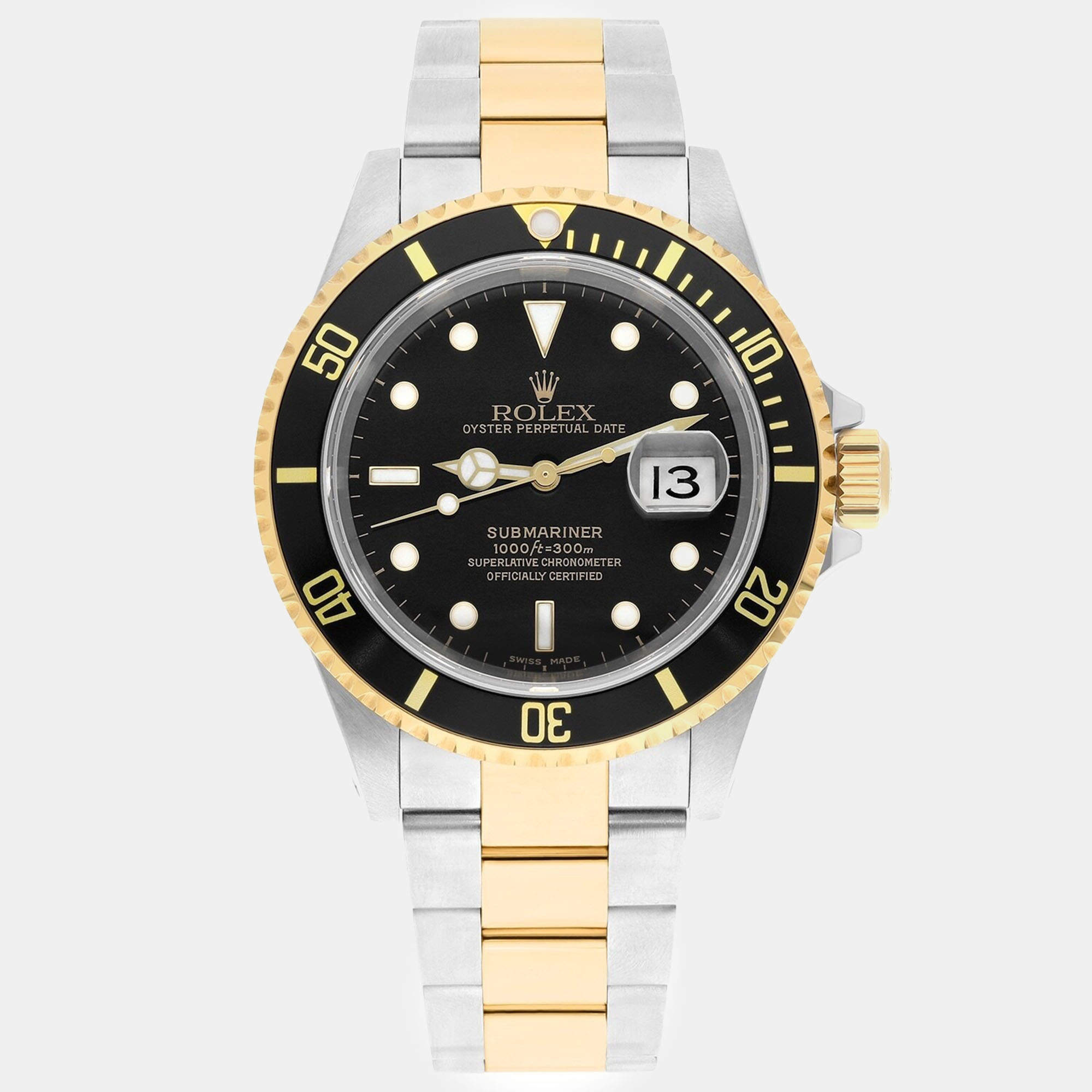 Pre Owned Rolex Submariner 16613N Automatic Black 18k Yellow Gold Stainless Steel Men's Wristwatch 40 mm