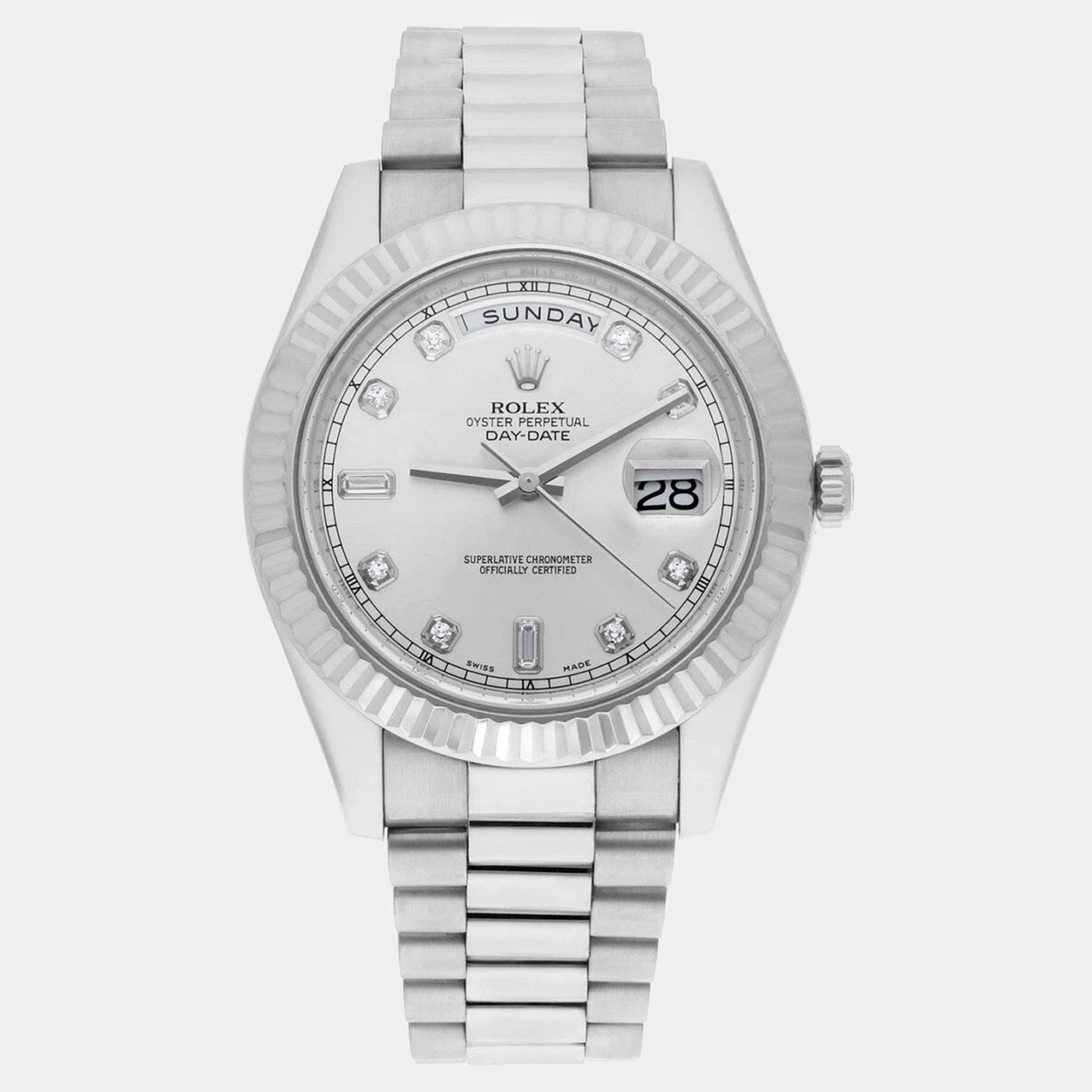 Pre Owned Rolex Day-Date 218239-0006 Automatic Silver 18k White Gold Men's Wristwatch 41 mm