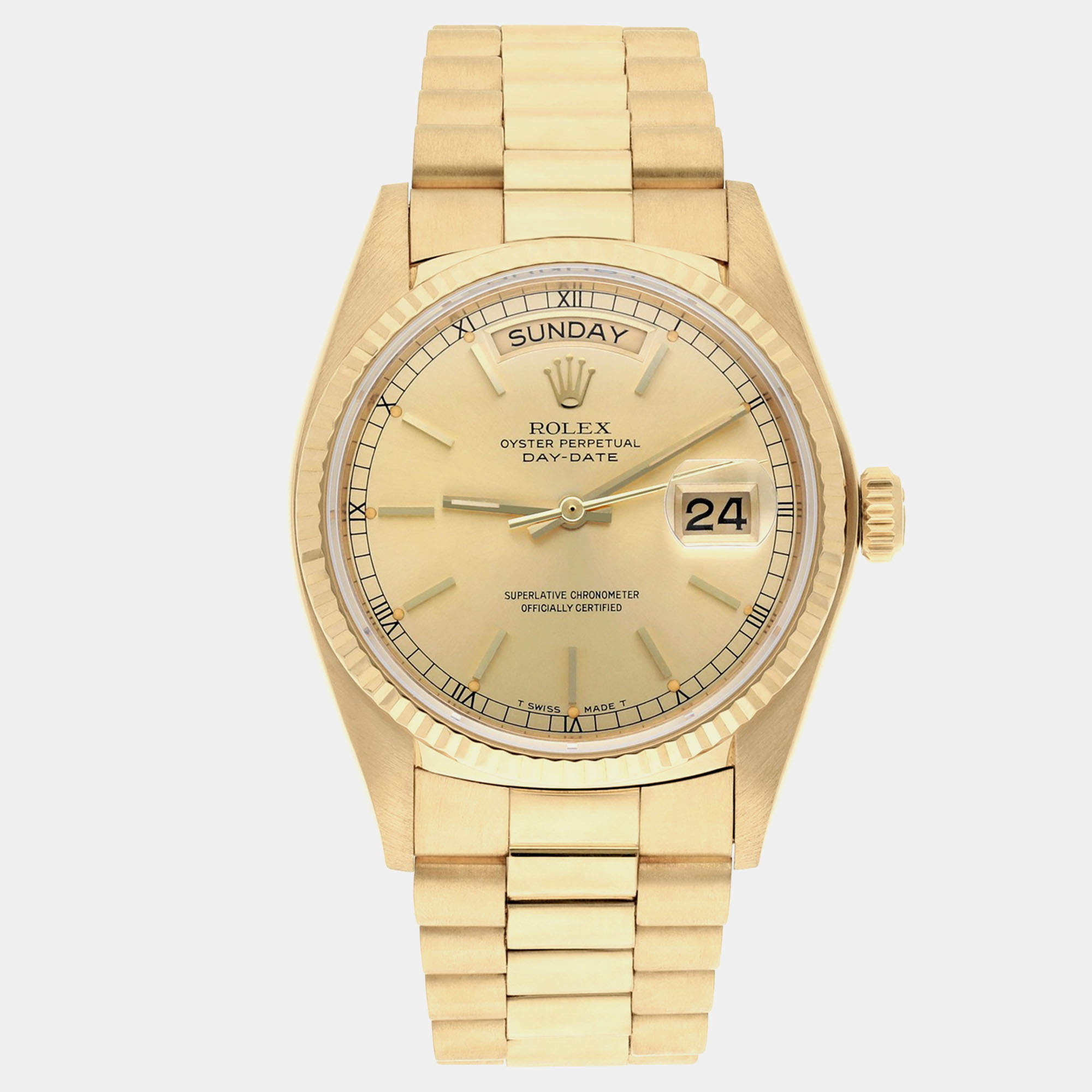 Pre Owned Rolex Day-Date 18038 Automatic Champagne 18k Yellow Gold Men's Wristwatch 36 mm