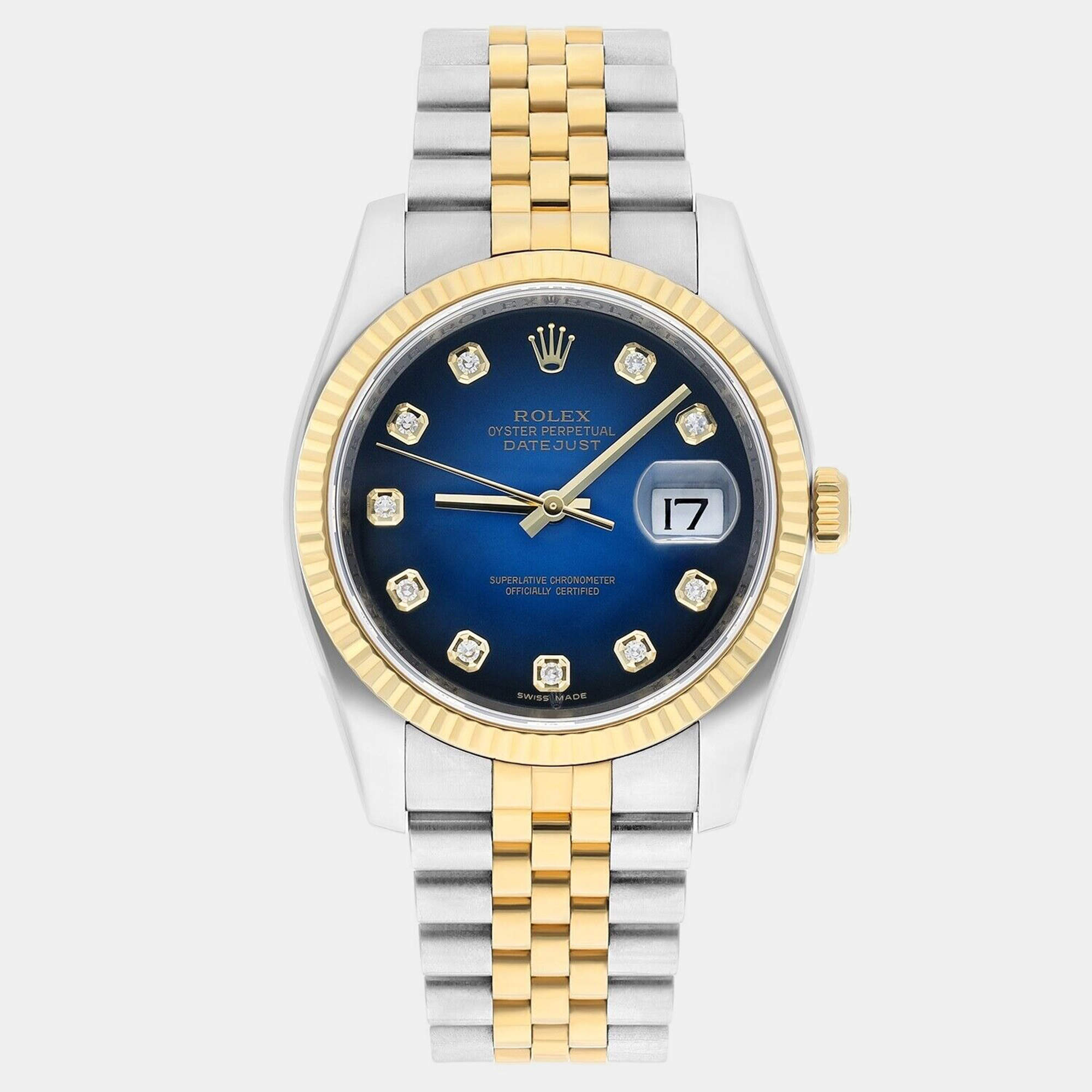 Pre Owned Rolex Datejust 116233 Automatic Blue 18k Yellow Gold Stainless Steel Men's Wristwatch 36 mm