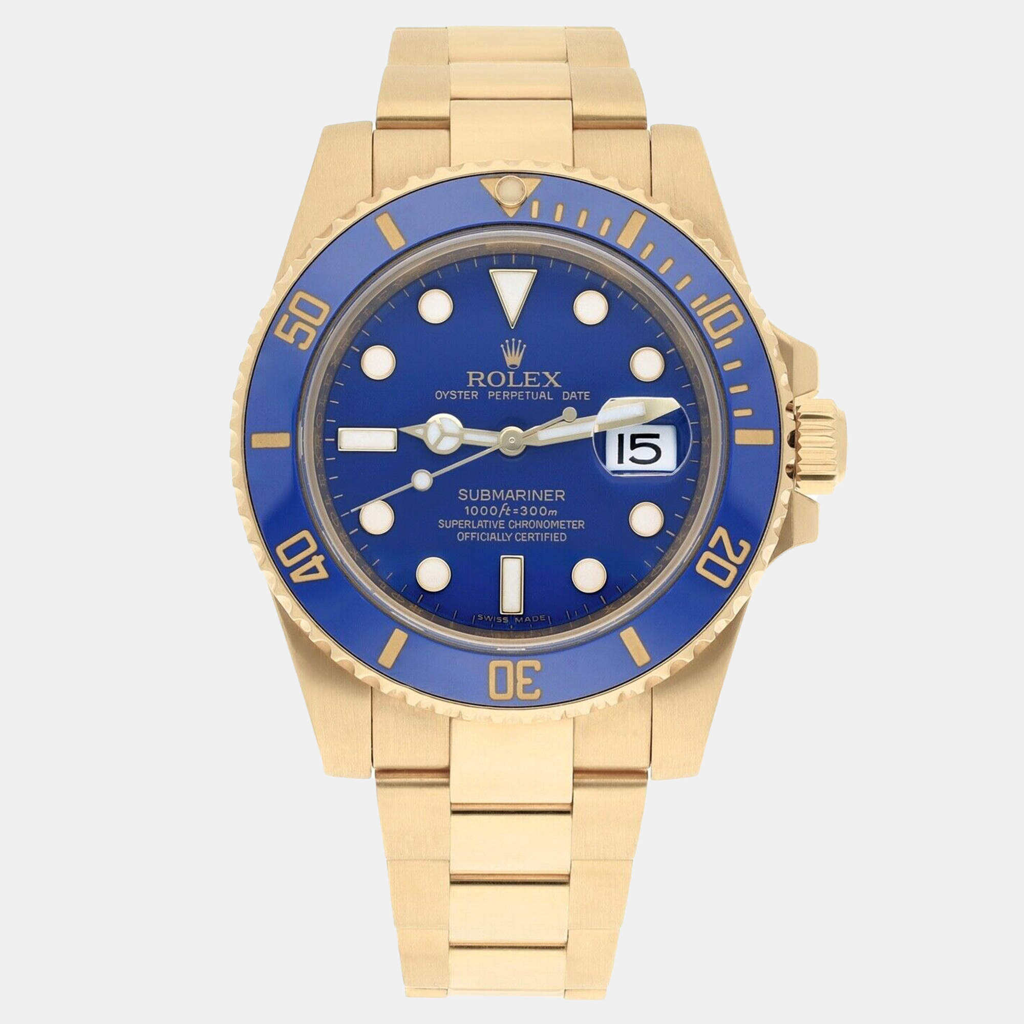 Pre Owned Rolex Submariner 116618LB Automatic Blue 18k Yellow Gold Men's Wristwatch 40 mm