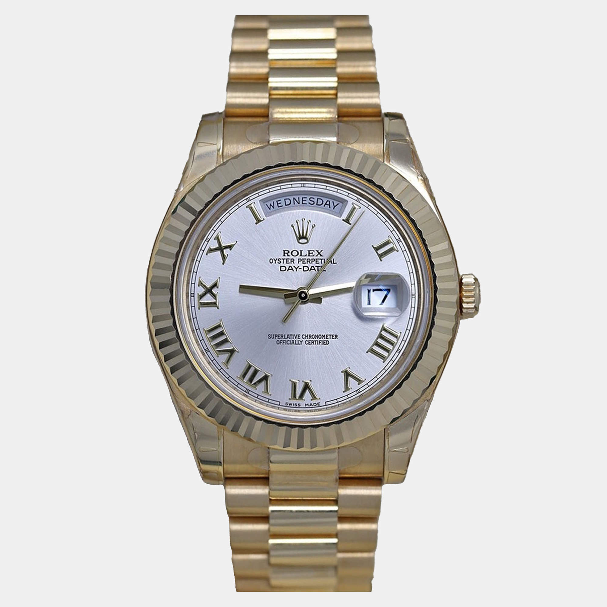 Pre Owned Rolex Day-Date 218238 Automatic Silver 18k Yellow Gold Men's Wristwatch 41 mm