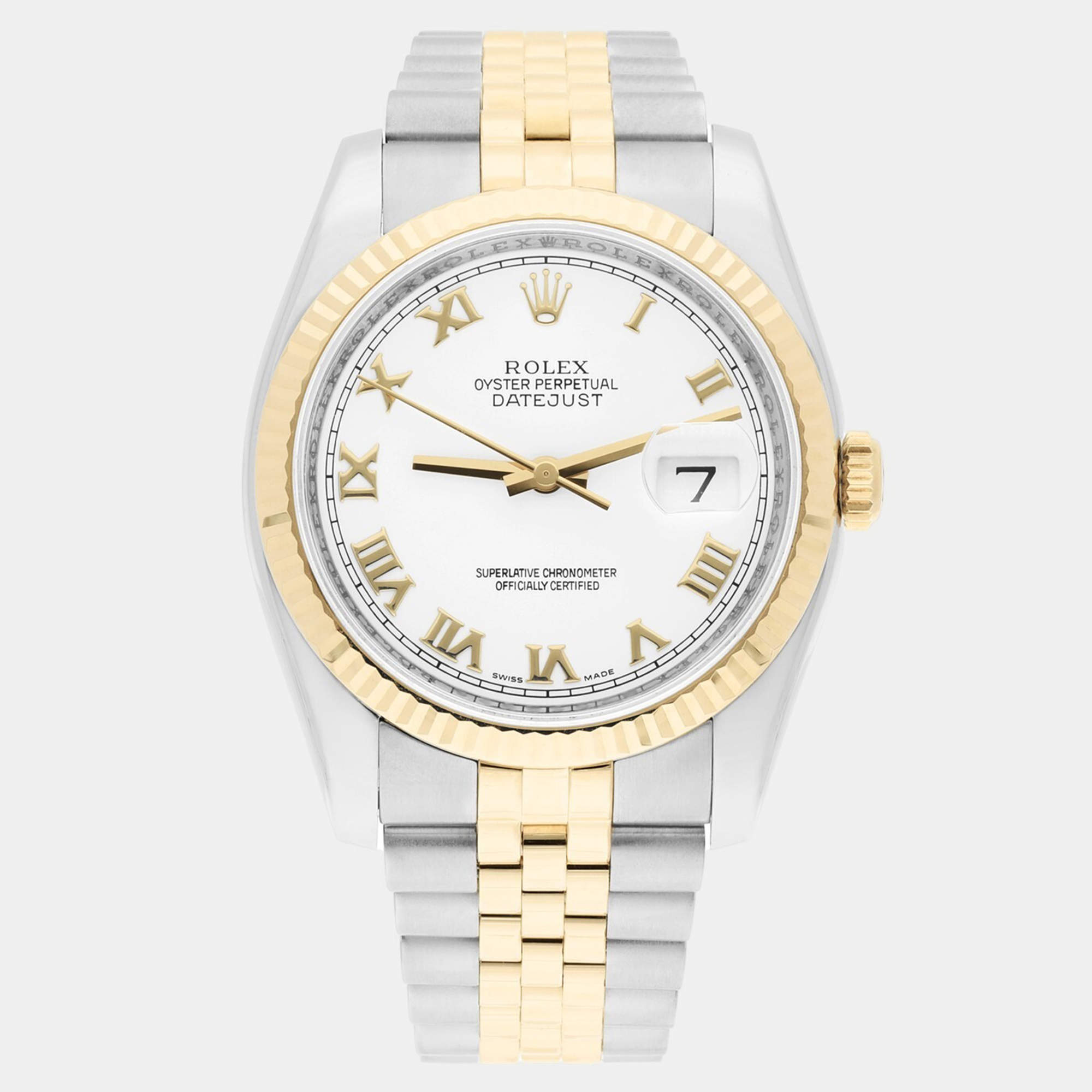 Pre Owned Rolex Datejust 116233 Automatic White 18k Yellow Gold Stainless Steel Men's Wristwatch 36 mm