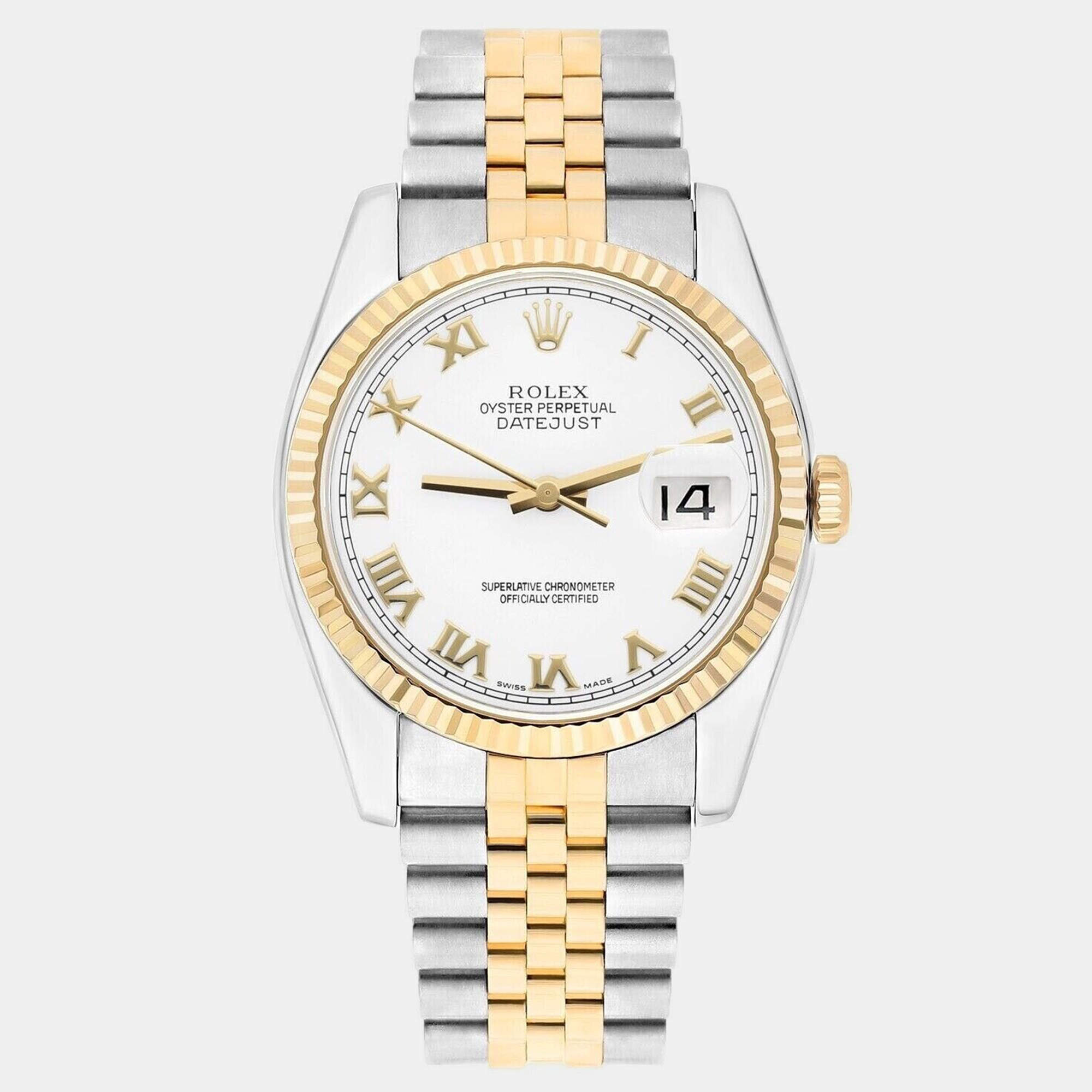 Pre Owned Rolex Datejust 116233 Automatic White 18k Yellow Gold Stainless Steel Men's Wristwatch 36 mm