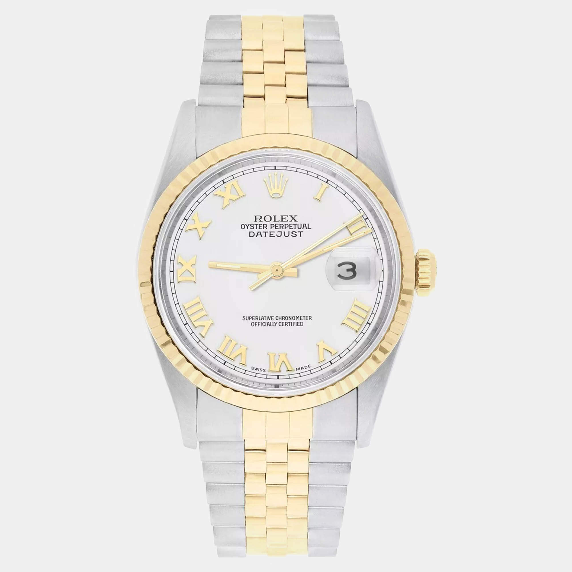 Pre Owned Rolex Datejust 16233 Automatic White 18k Yellow Gold Stainless Steel Men's Wristwatch 36 mm