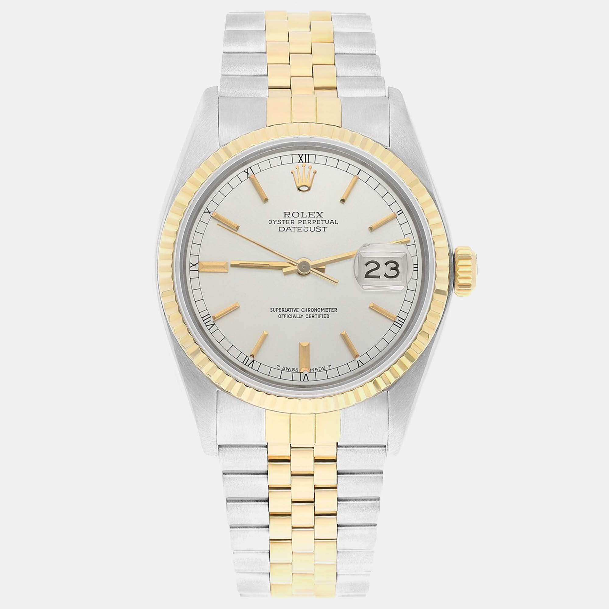 Pre Owned Rolex Datejust 16013 Automatic Silver 18k Yellow Gold Stainless Steel Men's Wristwatch 36 mm