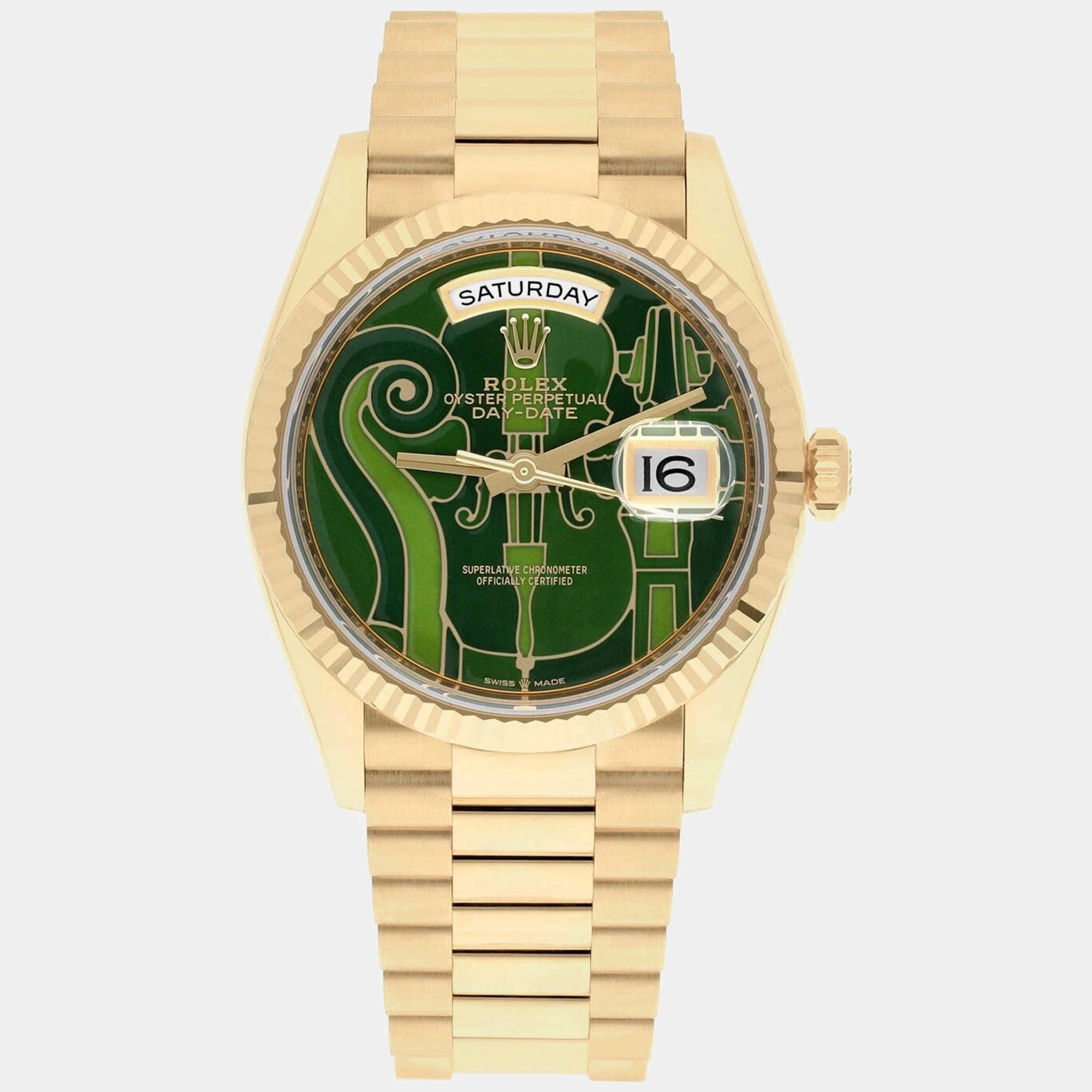 Pre Owned Rolex Day-Date 128238 Automatic Green 18k Yellow Gold Men's Wristwatch 36 mm