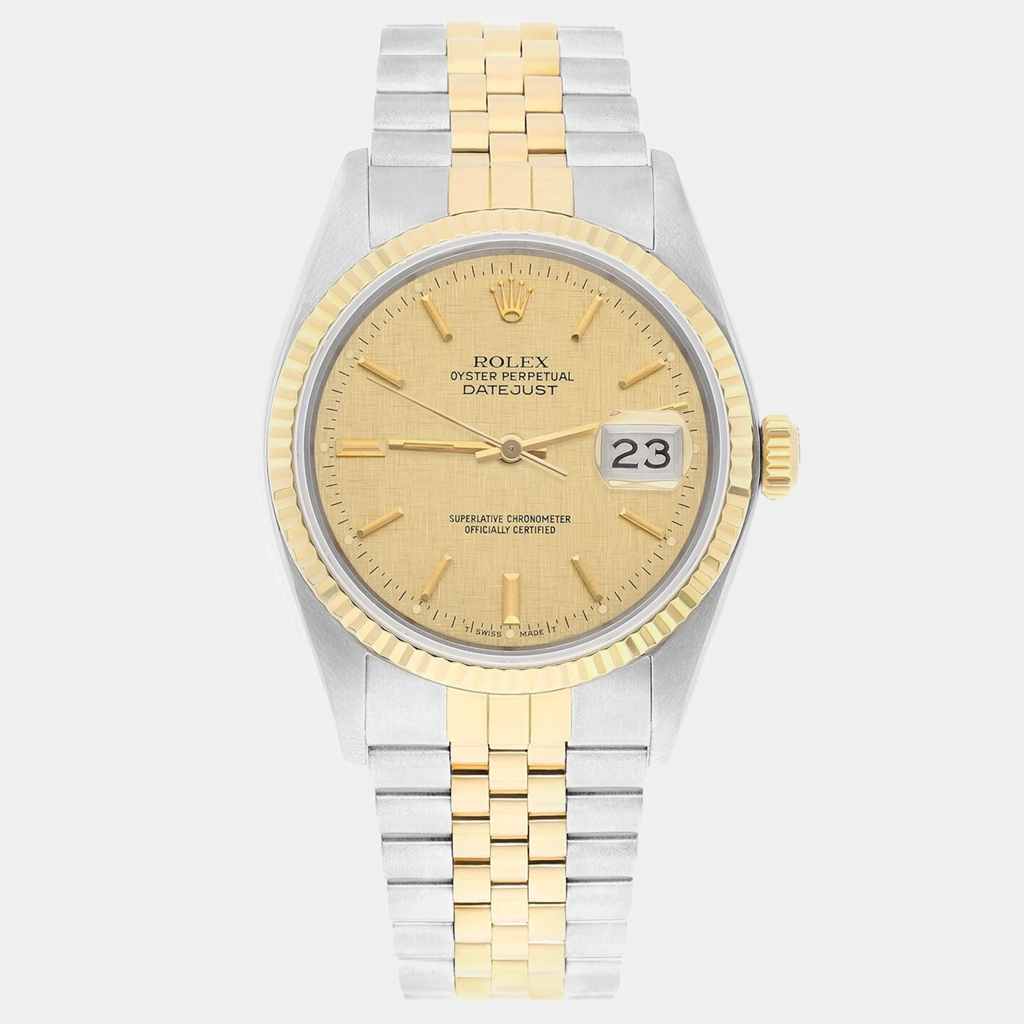 Pre Owned Rolex Datejust 16013 Automatic Champagne 18k Yellow Gold Stainless Steel Men's Wristwatch 36 mm