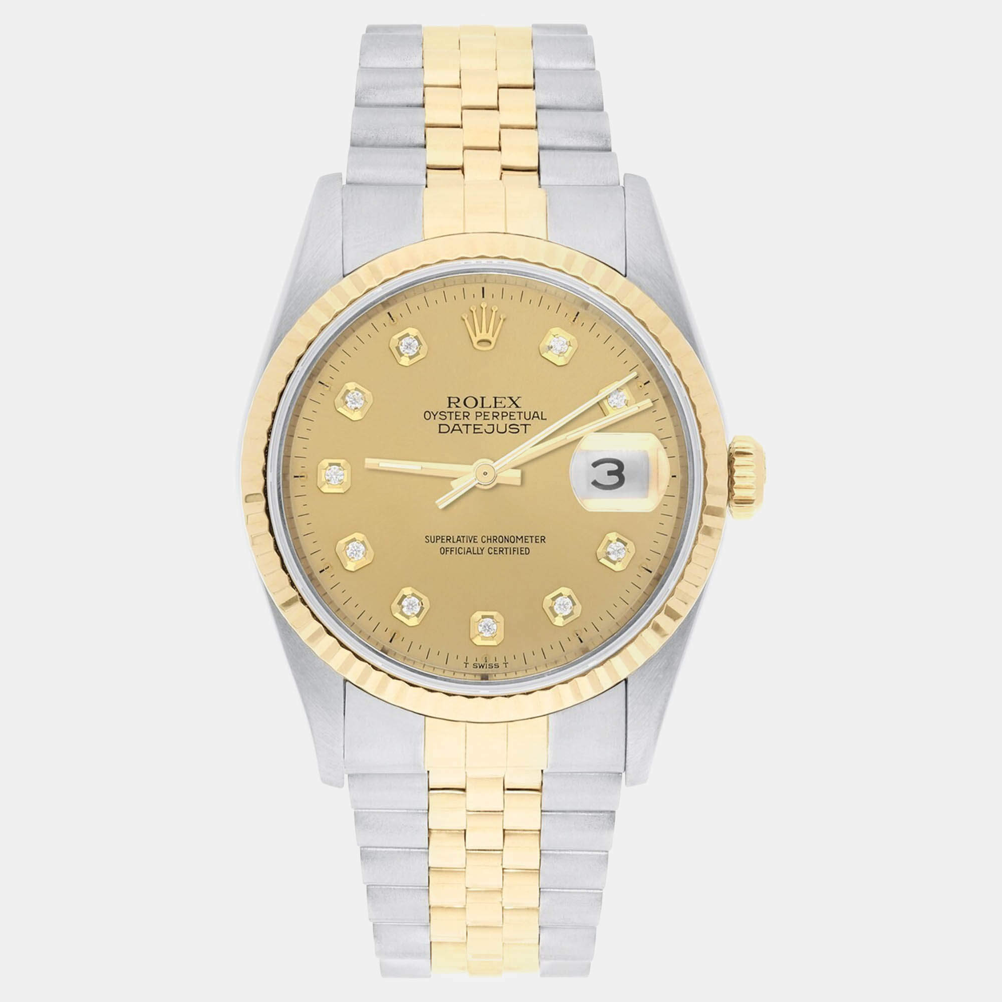 Pre Owned Rolex Datejust 16233 Automatic Champagne 18k Yellow Gold Stainless Steel Men's Wristwatch 36 mm