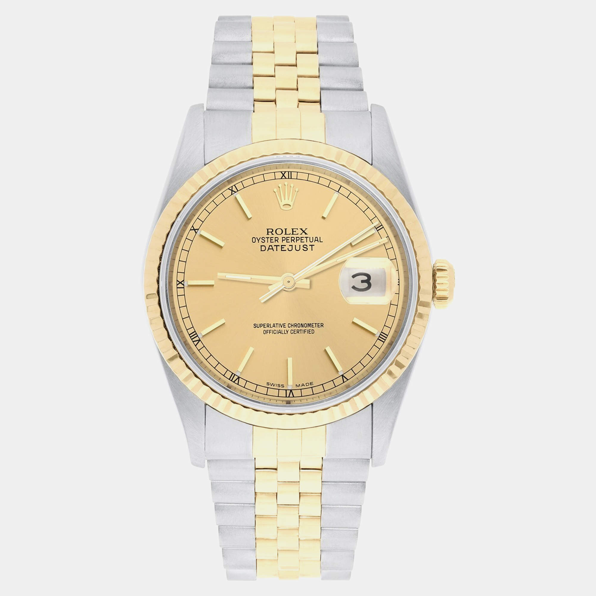 Pre Owned Rolex Datejust 16233 Automatic Champagne 18k Yellow Gold Stainless Steel Men's Wristwatch 36 mm