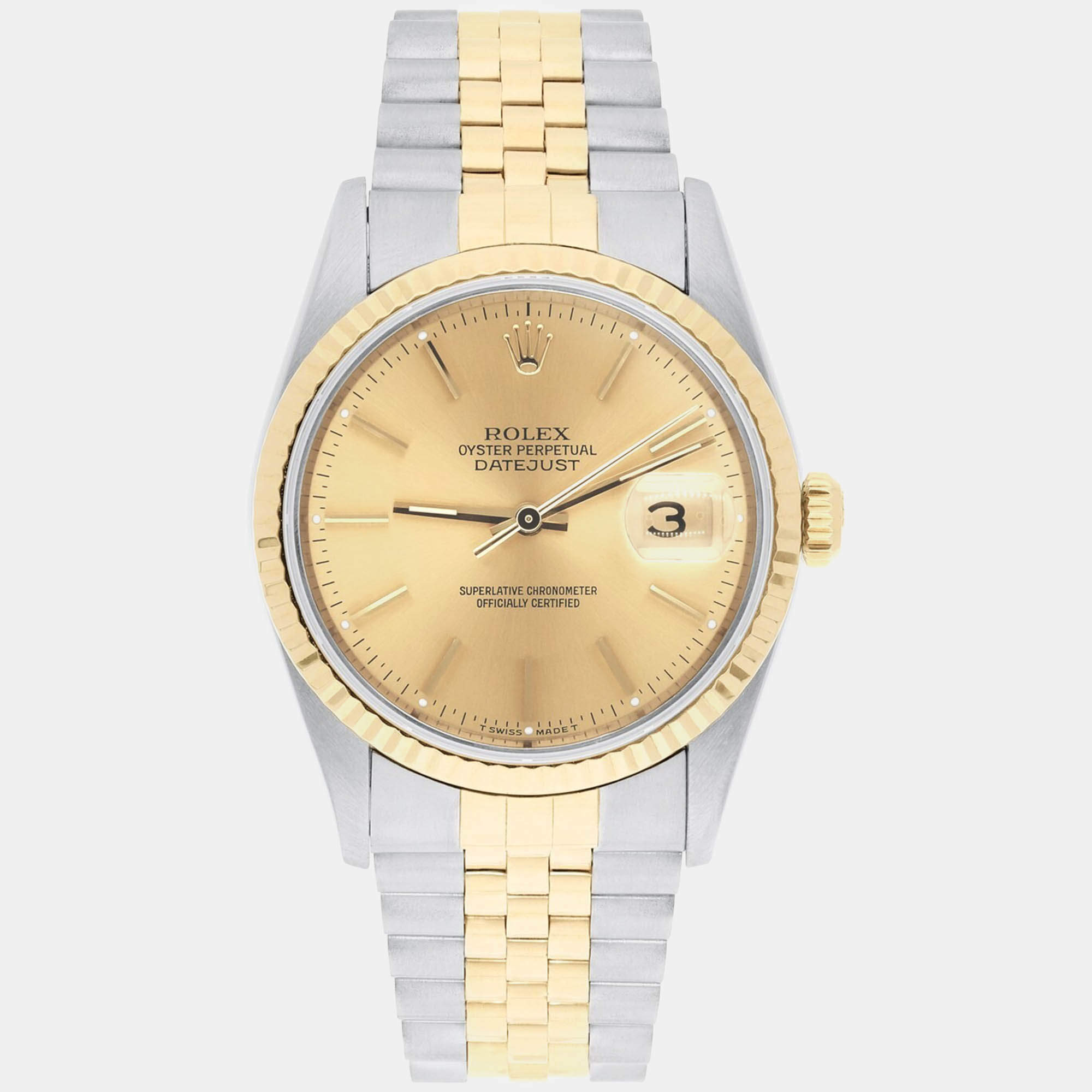 Pre Owned Rolex Datejust 16233 Automatic Champagne 18k Yellow Gold Stainless Steel Men's Wristwatch 36 mm