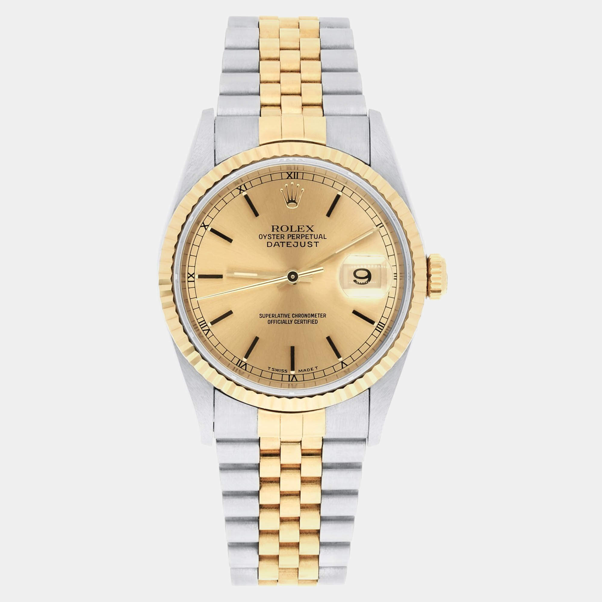 Pre Owned Rolex Datejust 16233 Automatic Champagne 18k Yellow Gold Stainless Steel Men's Wristwatch 36 mm