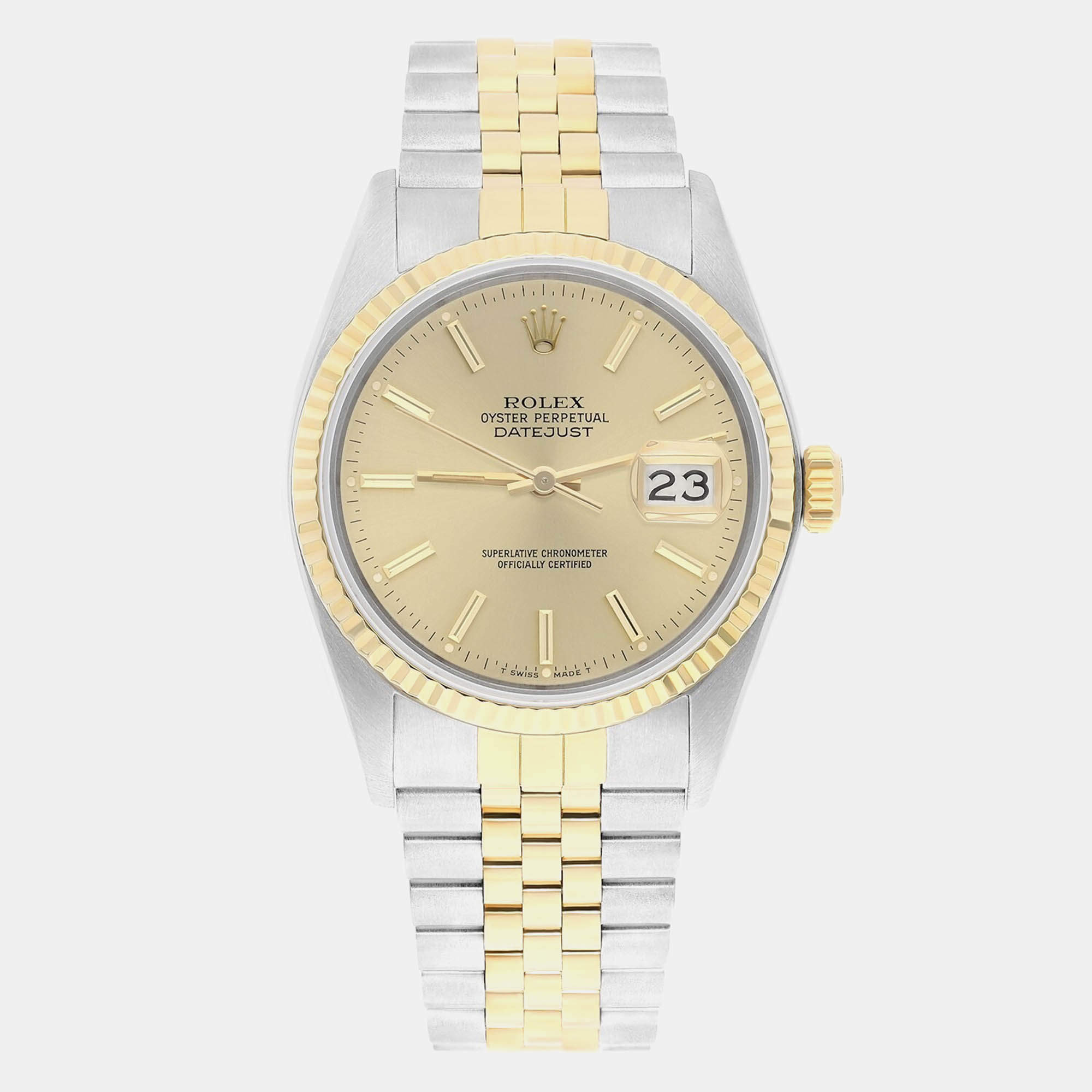 Pre Owned Rolex Datejust 16013 Automatic Champagne 18k Yellow Gold Stainless Steel Men's Wristwatch 36 mm