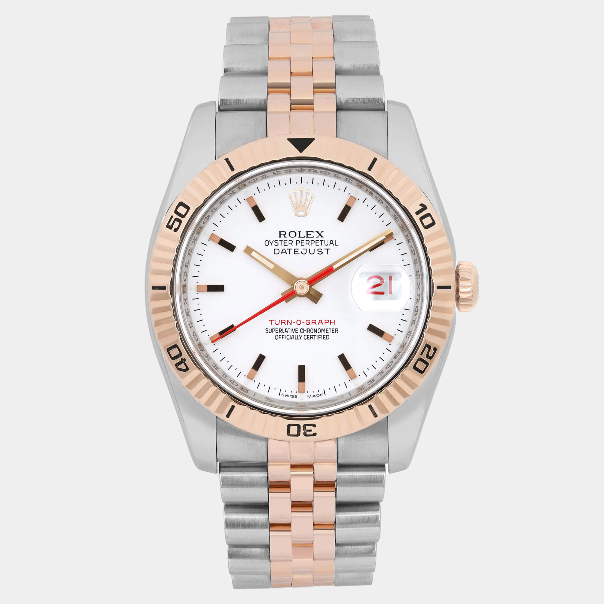 Pre Owned Rolex Datejust Turn-O-Graph 116261 Automatic White Dial 18K Rose Gold Stainless Steel Men's Wristwatch 36 mm