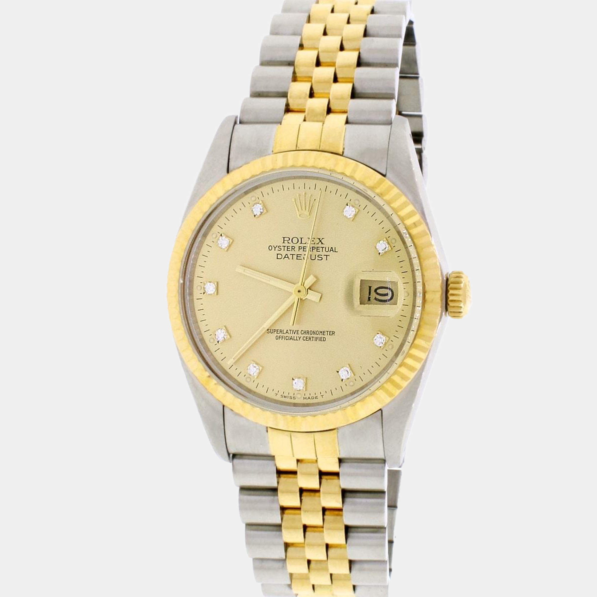 Pre Owned Rolex Champagne 18k Yellow Gold Stainless Steel Diamond Datejust 16013 Automatic Men's Wristwatch 36 mm