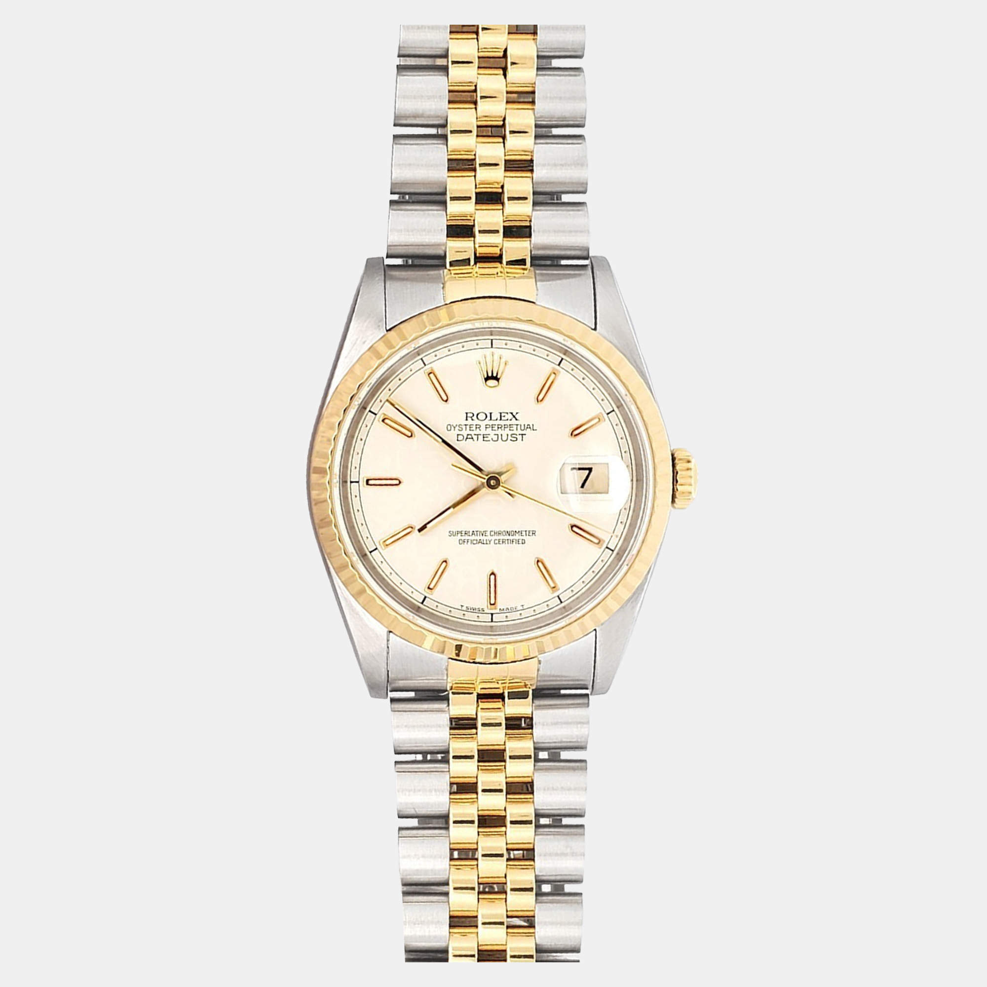 Pre Owned Rolex Datejust 16233 Automatic Cream 18k Yellow Gold Stainless Steel Men's Wristwatch 36 mm