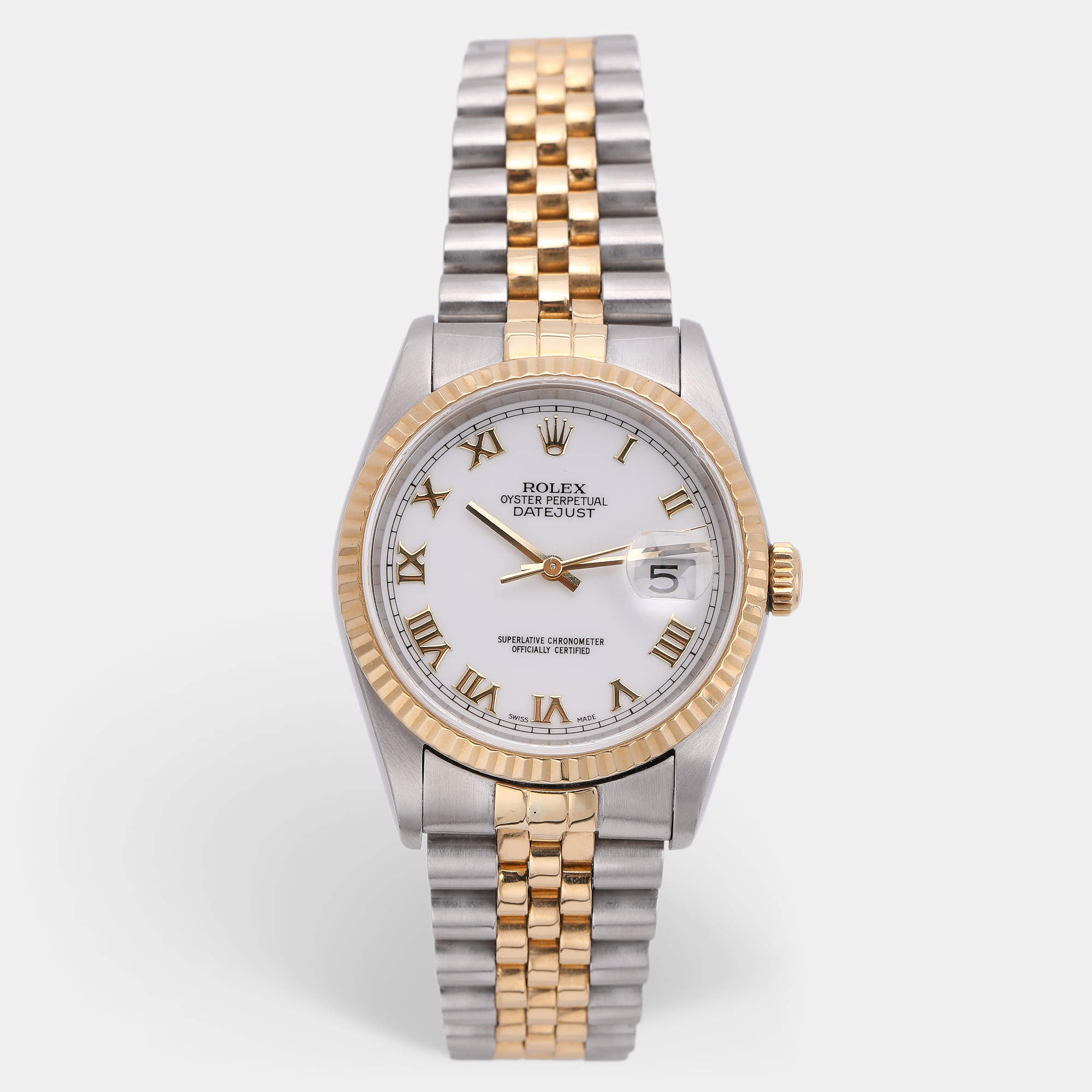 مملوكة مسبقًا ساعة يد للجنسين رولكس ديت جست 16233 أوتوماتيك ذهب أصفر عيار 18 قيراط وستانلس ستيل بيضاء 35 مم