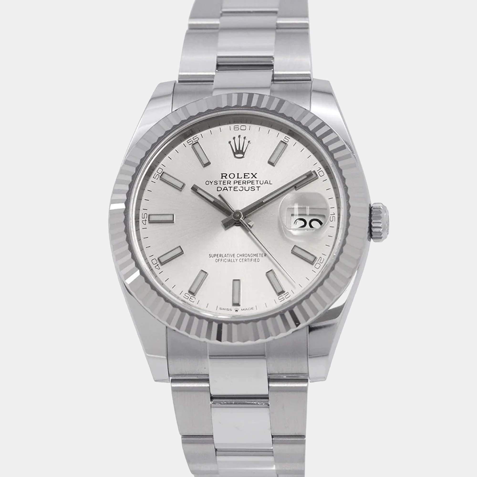 Pre Owned Rolex Datejust 126334 Automatic Silver 18k White Gold Stainless Steel Men's Wristwatch 41 mm