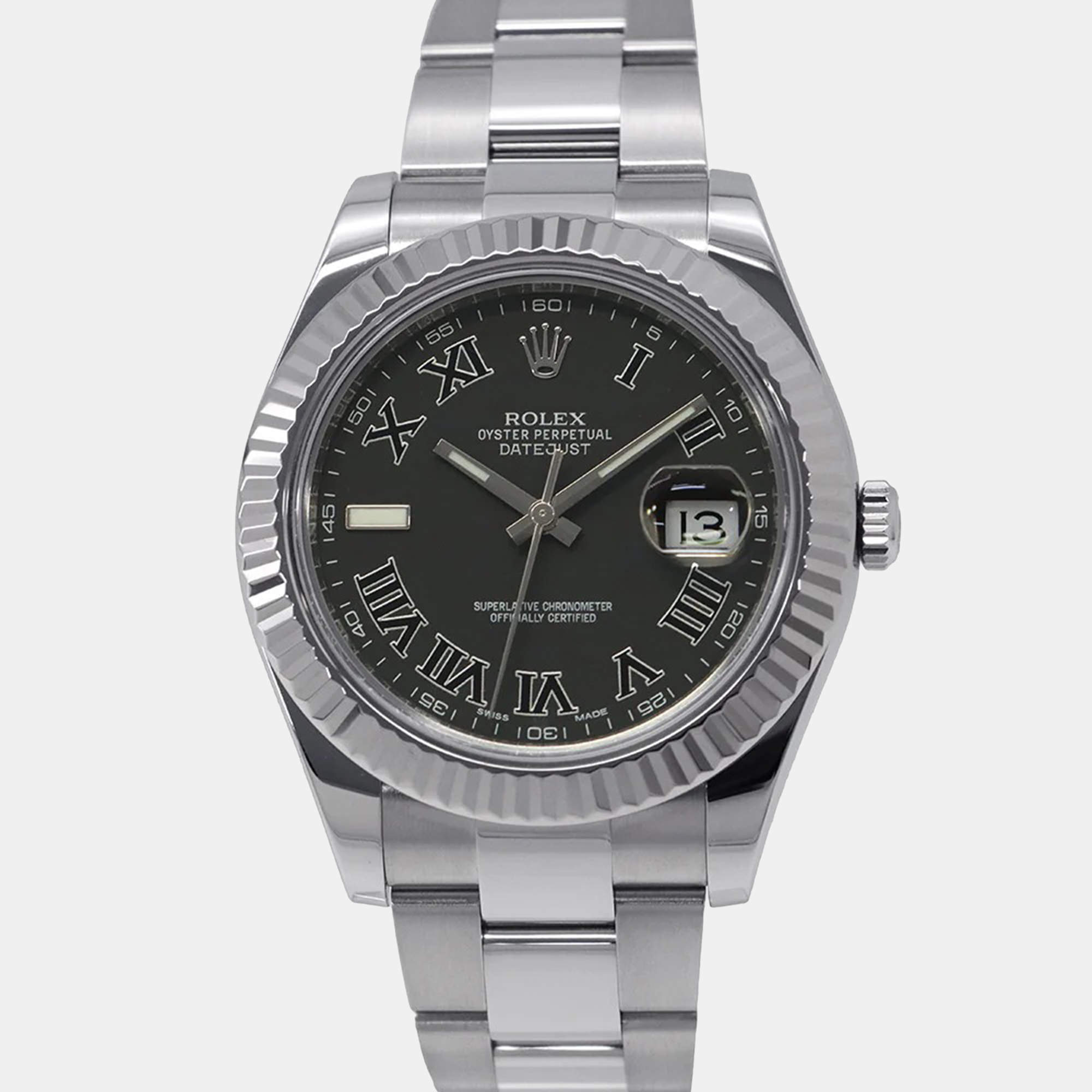 Pre Owned Rolex Datejust II 116334 Automatic Black 18k White Gold Stainless Steel Men's Wristwatch 41 mm