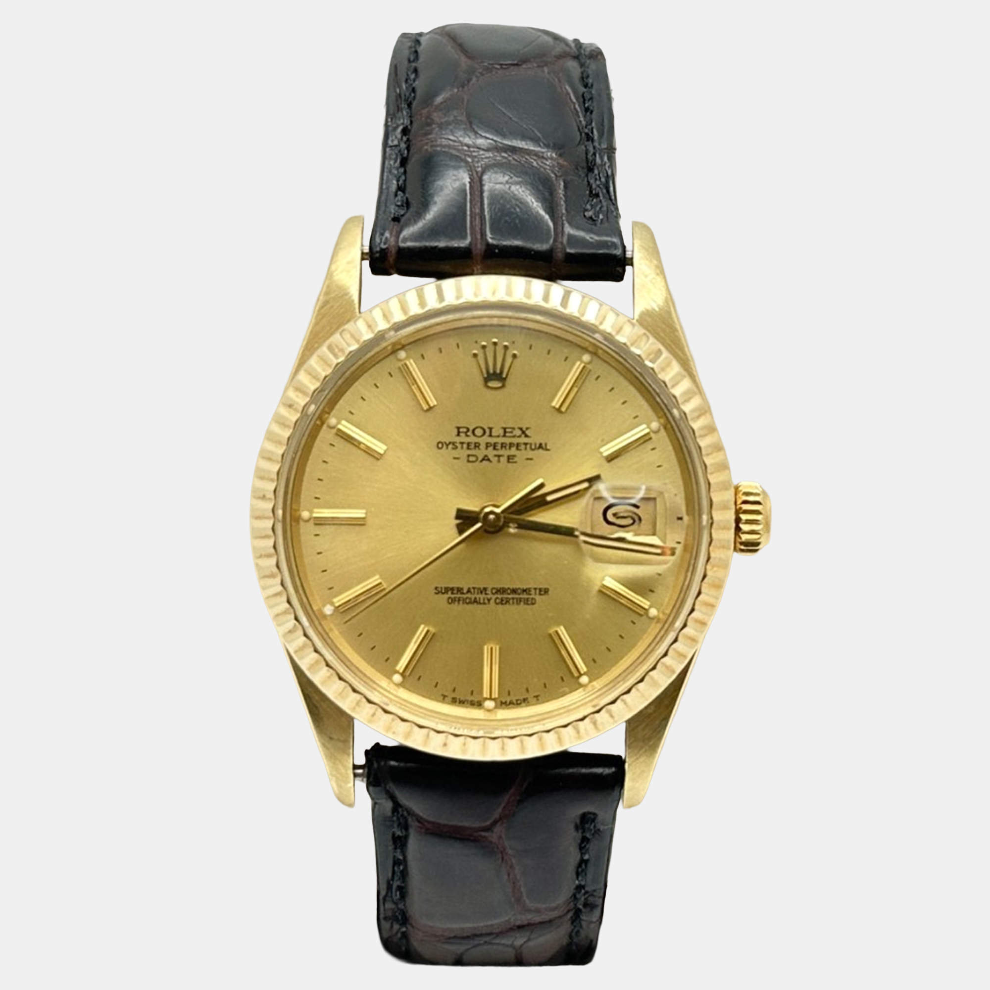 Pre Owned Rolex Date 15037 Automatic Champagne 14k Yellow Gold Men's Wristwatch 34 mm