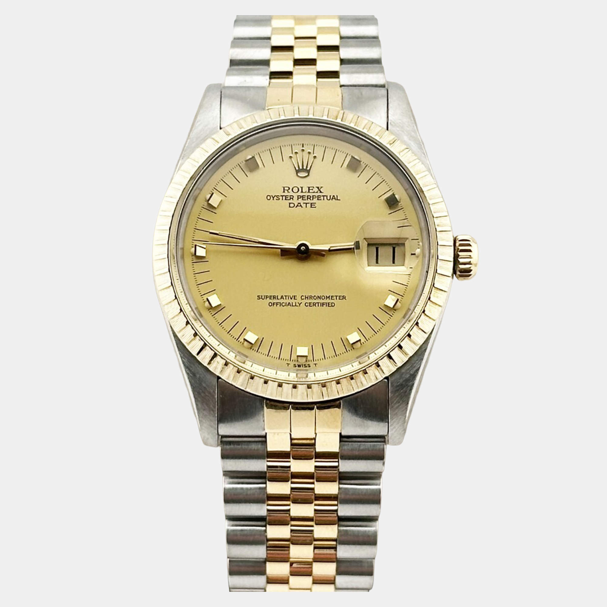 Pre Owned Rolex Date 15053 Automatic Champagne 18k Yellow Gold Stainless Steel Men's Wristwatch 34 mm