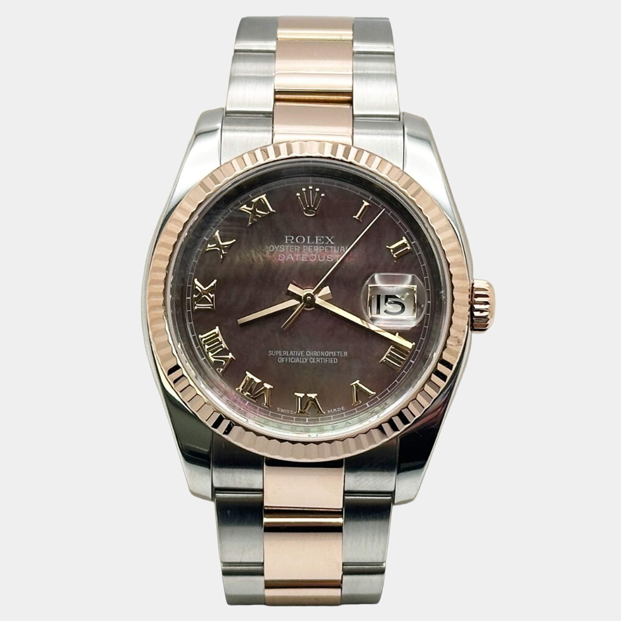 Pre Owned Rolex Datejust 116231 Automatic Tahitian Mother Of Pearl Steel 18k Rose Gold Men's Wristwatch 36 mm