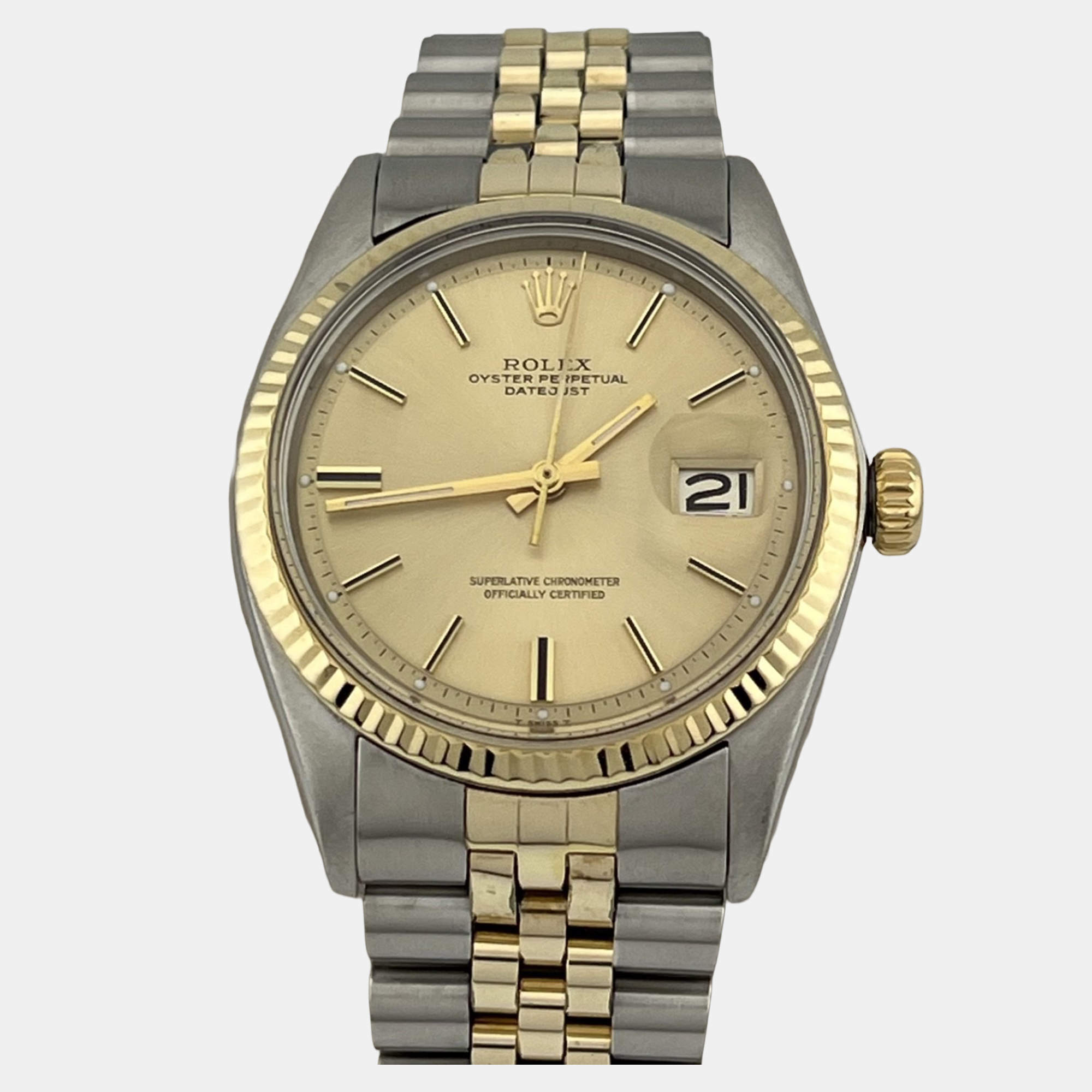 Pre Owned Rolex Datejust 1601 Automatic Champagne 14k Yellow Gold Stainless Steel Men's Wristwatch 36 mm