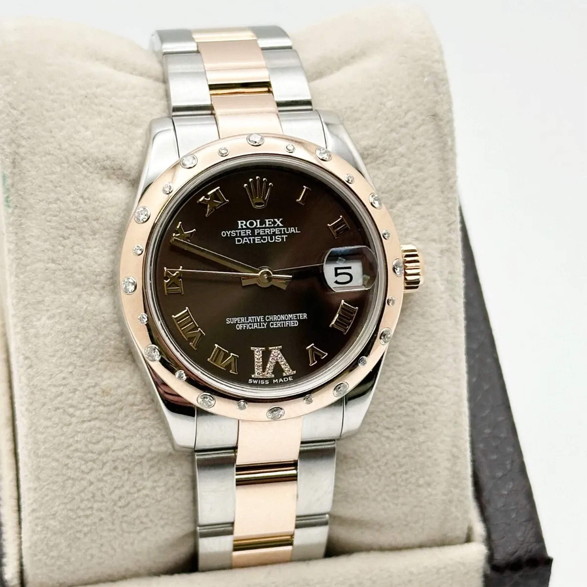 Pre Owned Rolex Datejust 178341 Automatic Chocolate Diamond 18k Rose Gold Stainless Steel Men's Wristwatch 31 mm