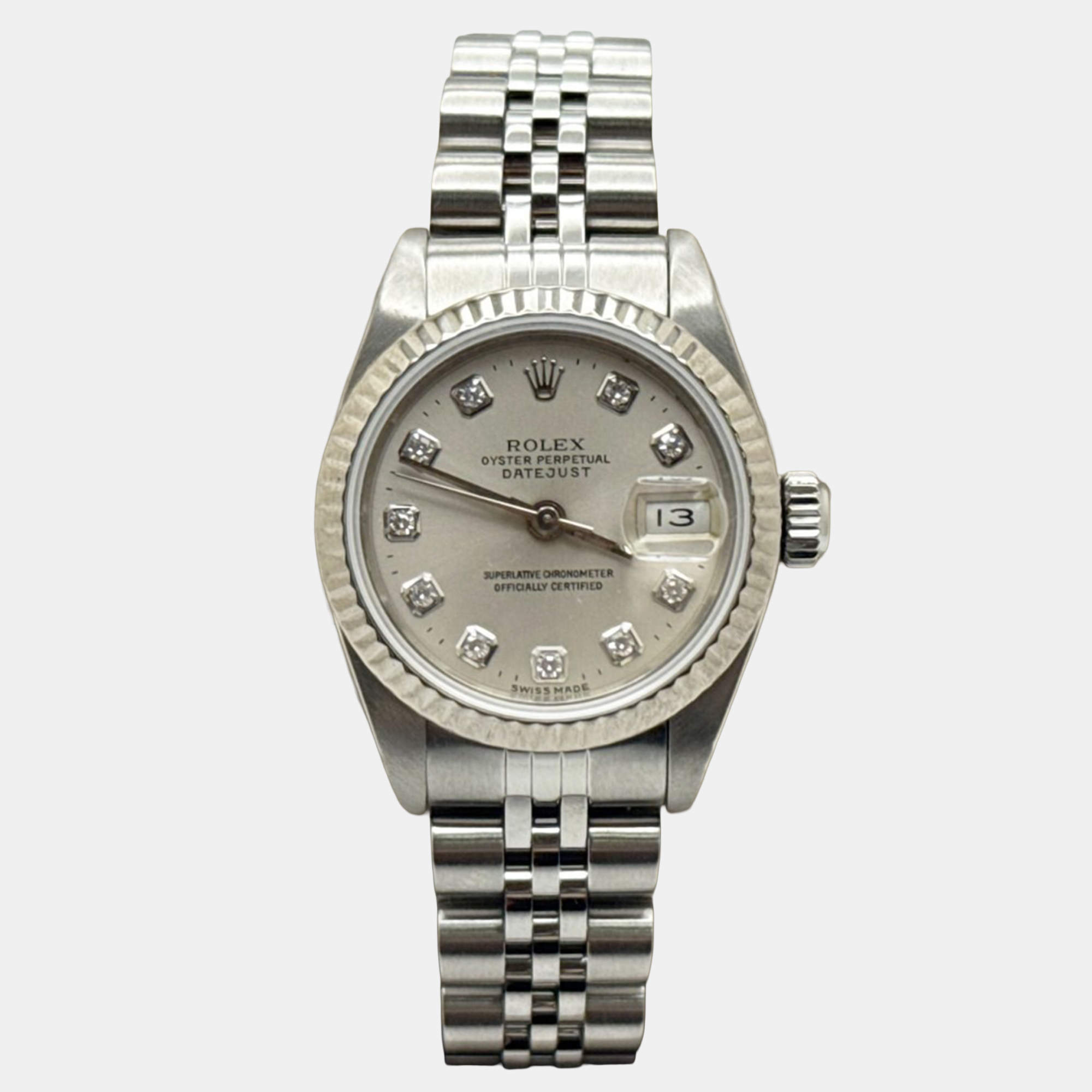 Pre Owned Rolex President Datejust 69174 Automatic Silver Diamond Stainless Steel 18k White Gold Men's Wristwatch 26 mm