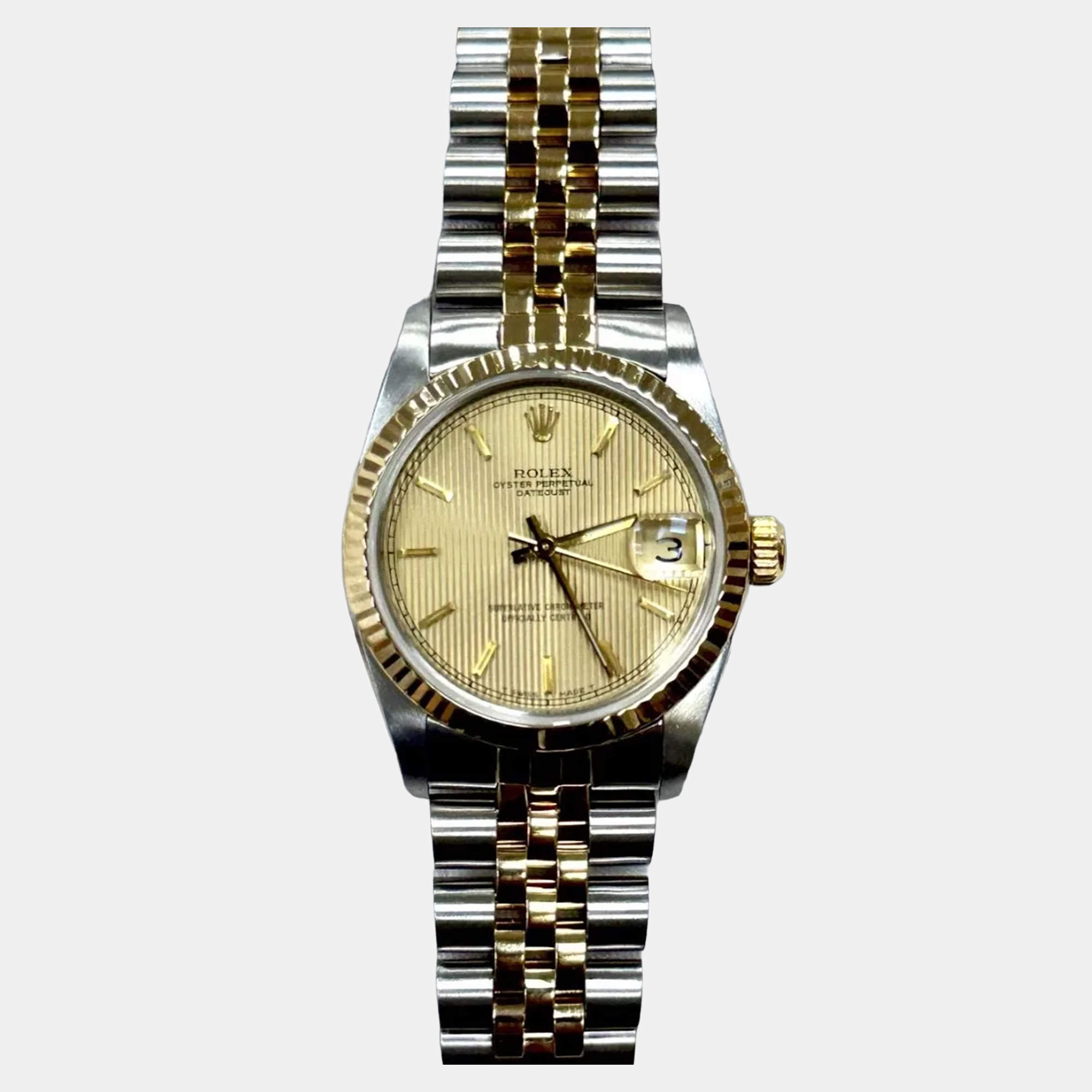 Pre Owned Rolex Datejust 68273 Automatic Champagne Tapestry 18k Yellow Gold Stainless Steel Men's Wristwatch 31 mm