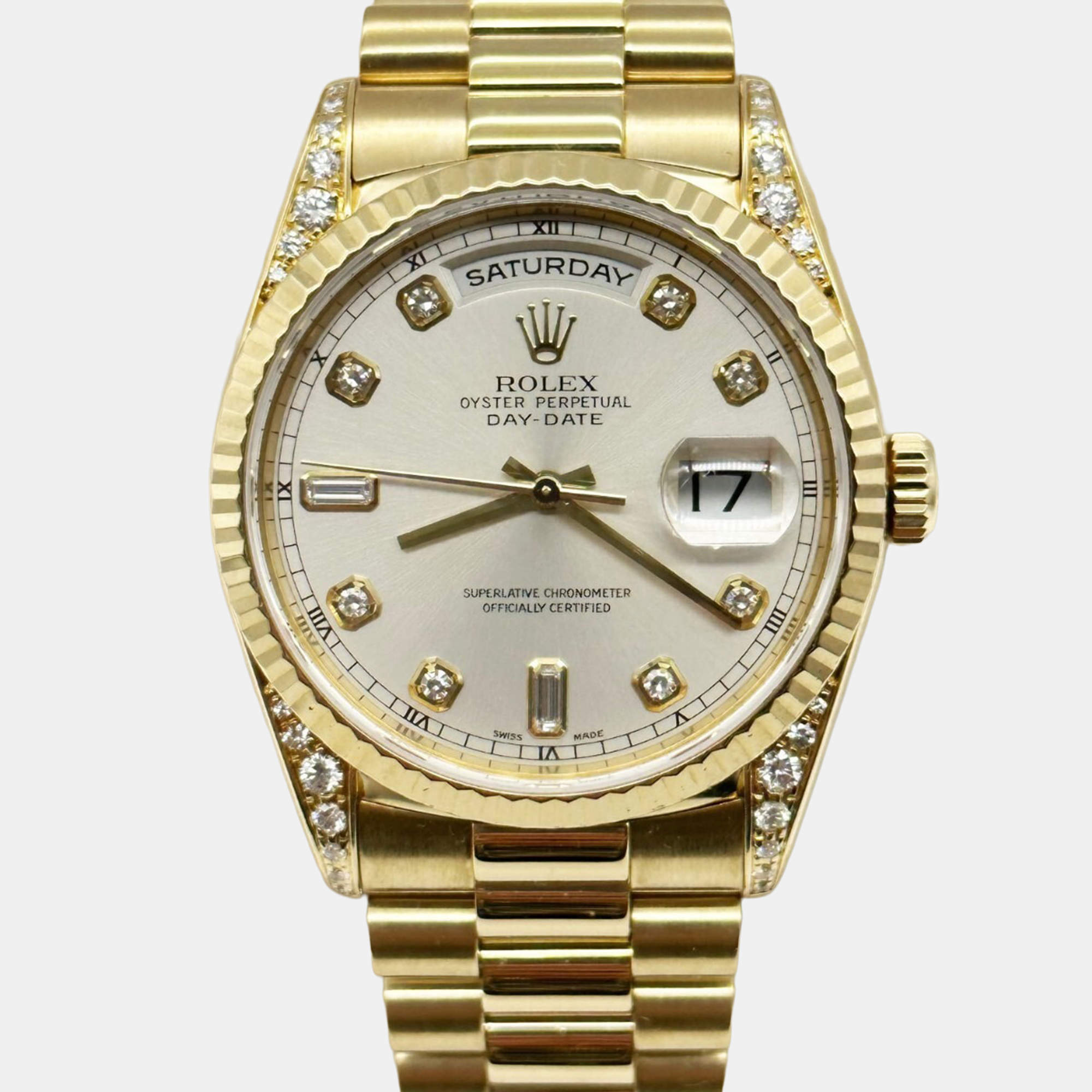 Pre Owned Rolex President Day-Date 18338 Automatic Diamond 18k Yellow Gold Men's Wristwatch 36 mm