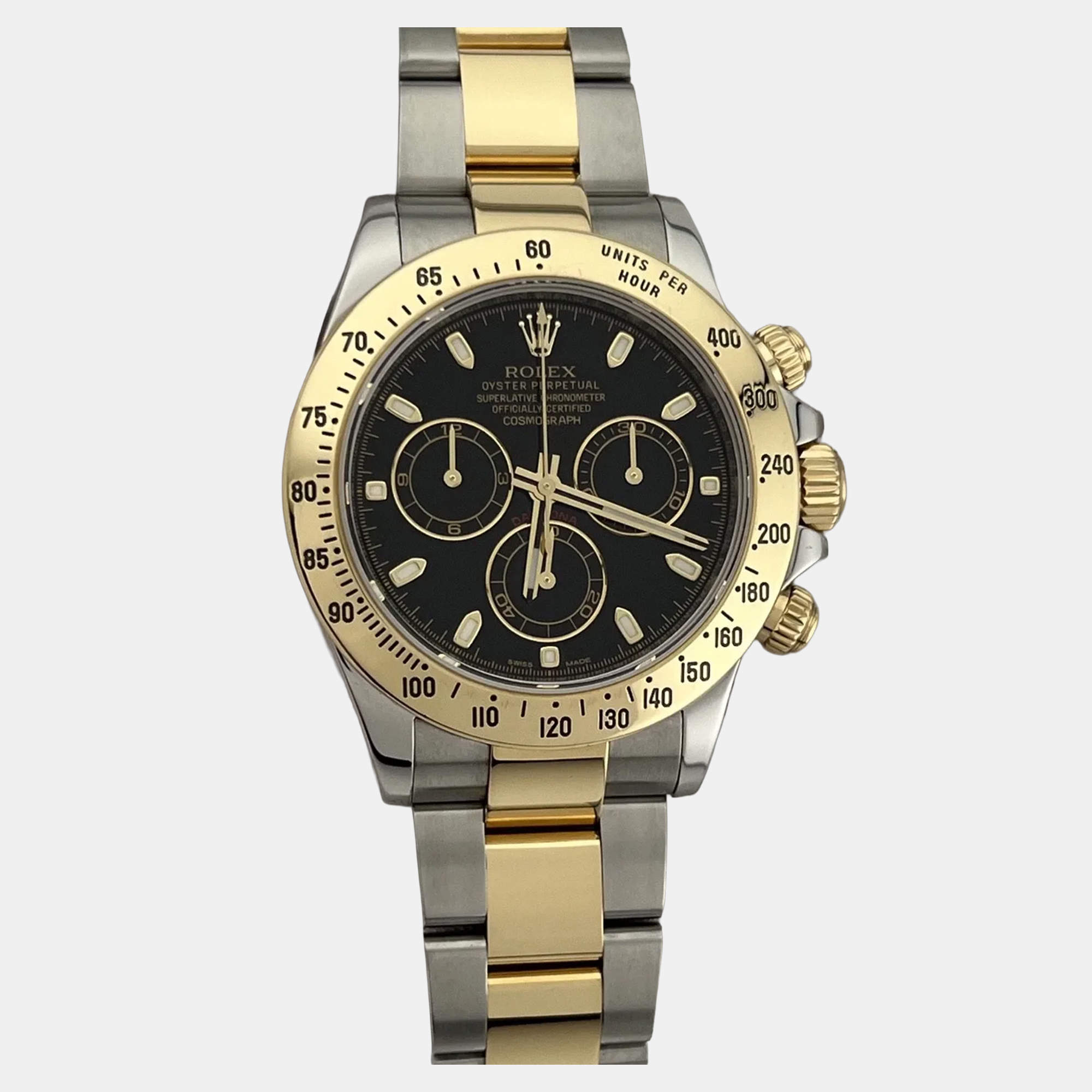 Pre Owned Rolex Cosmograph Daytona 116523 Automatic Black 18k Yellow Gold Stainless Steel Men's Wristwatch 40 mm