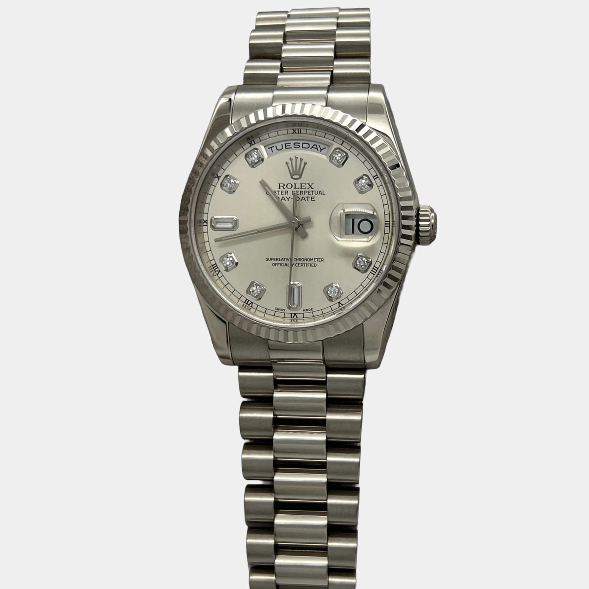 Pre Owned Rolex President Day-Date 118239 Automatic Silver Diamond 18k White Gold Men's Wristwatch 36 mm
