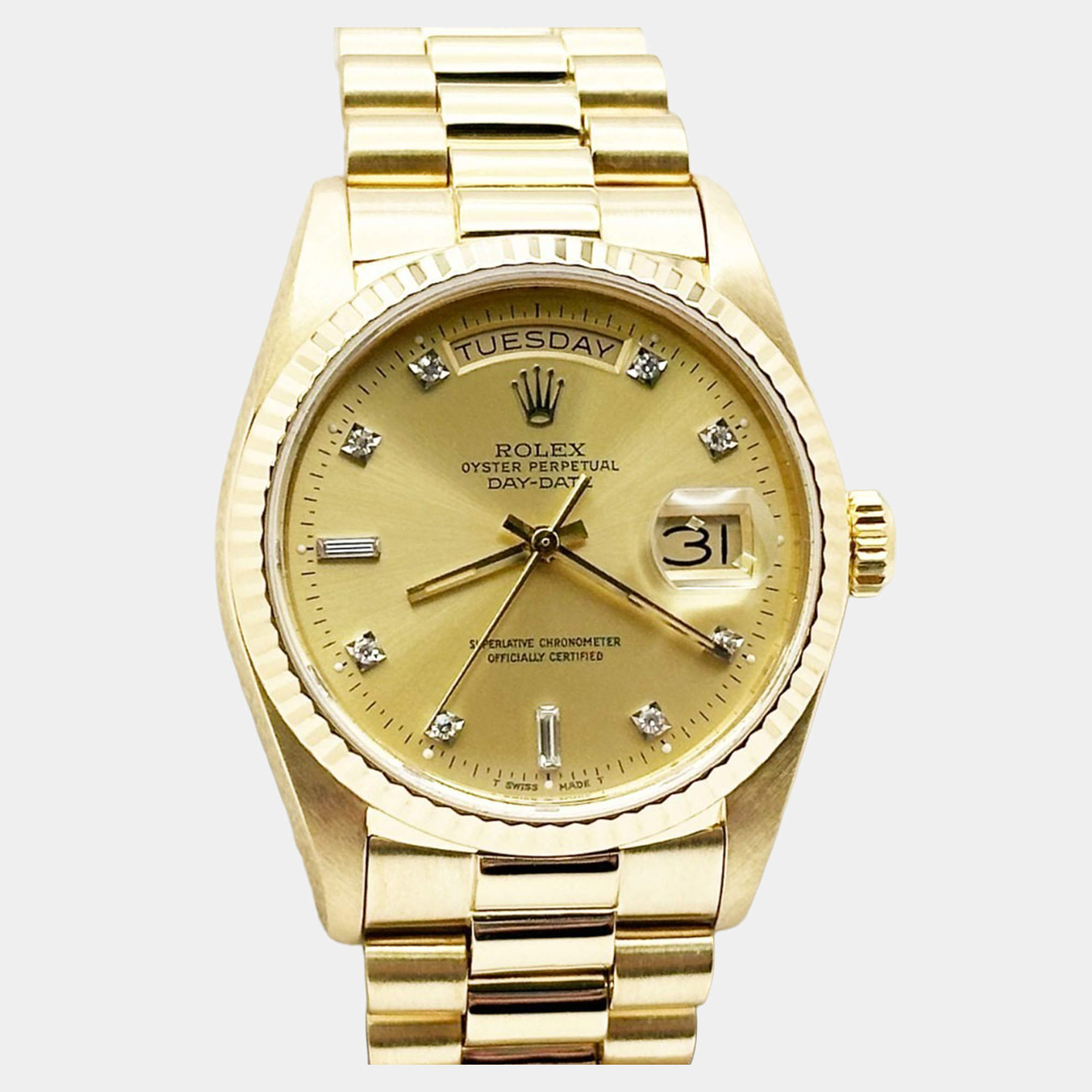 Pre Owned Rolex President Day-Date 18038 Automatic Champagne Diamond 18k Yellow Gold Men's Wristwatch 36 mm