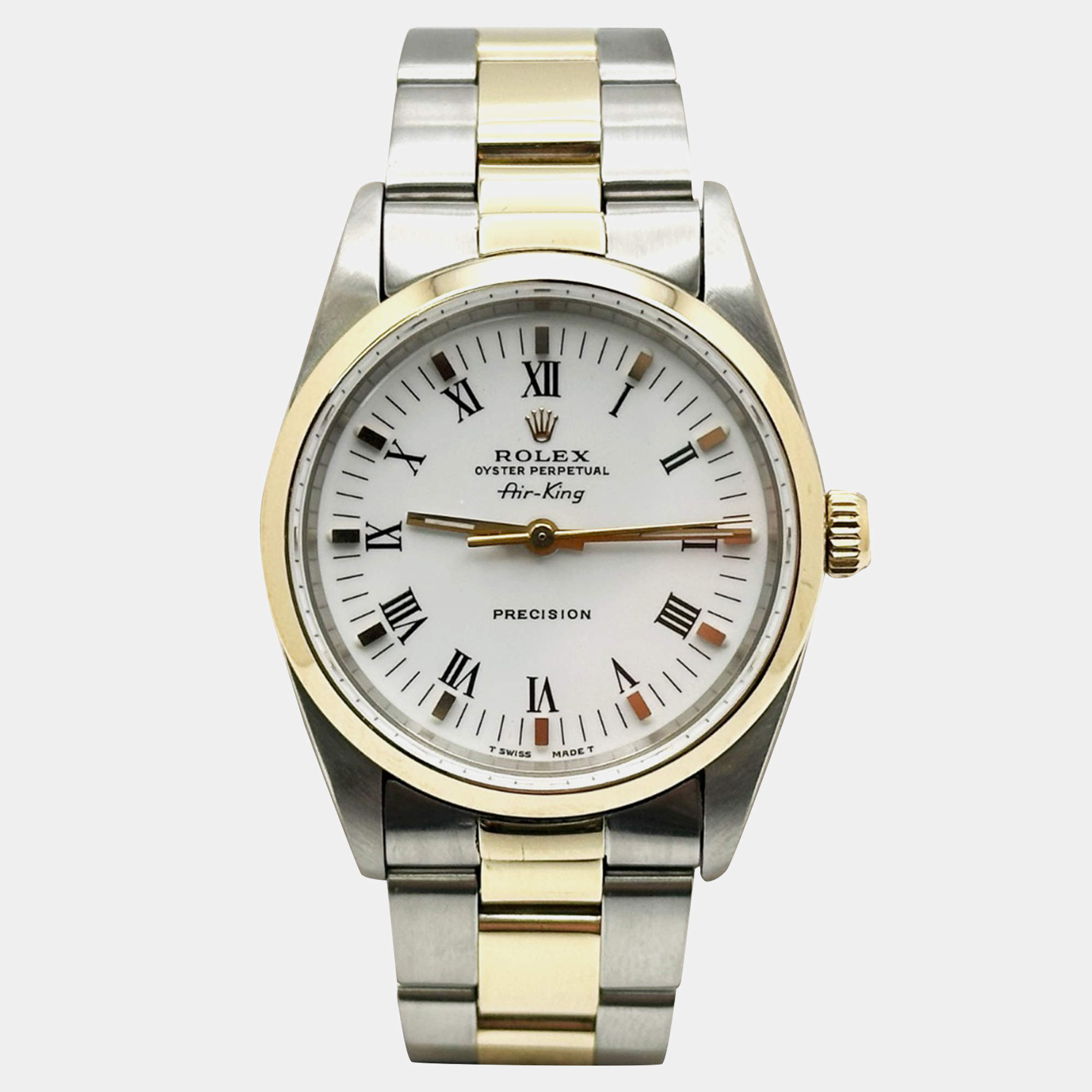 Pre Owned Rolex Air-King 14000 Automatic White 14k Yellow Gold Stainless Steel Men's Wristwatch 34 mm