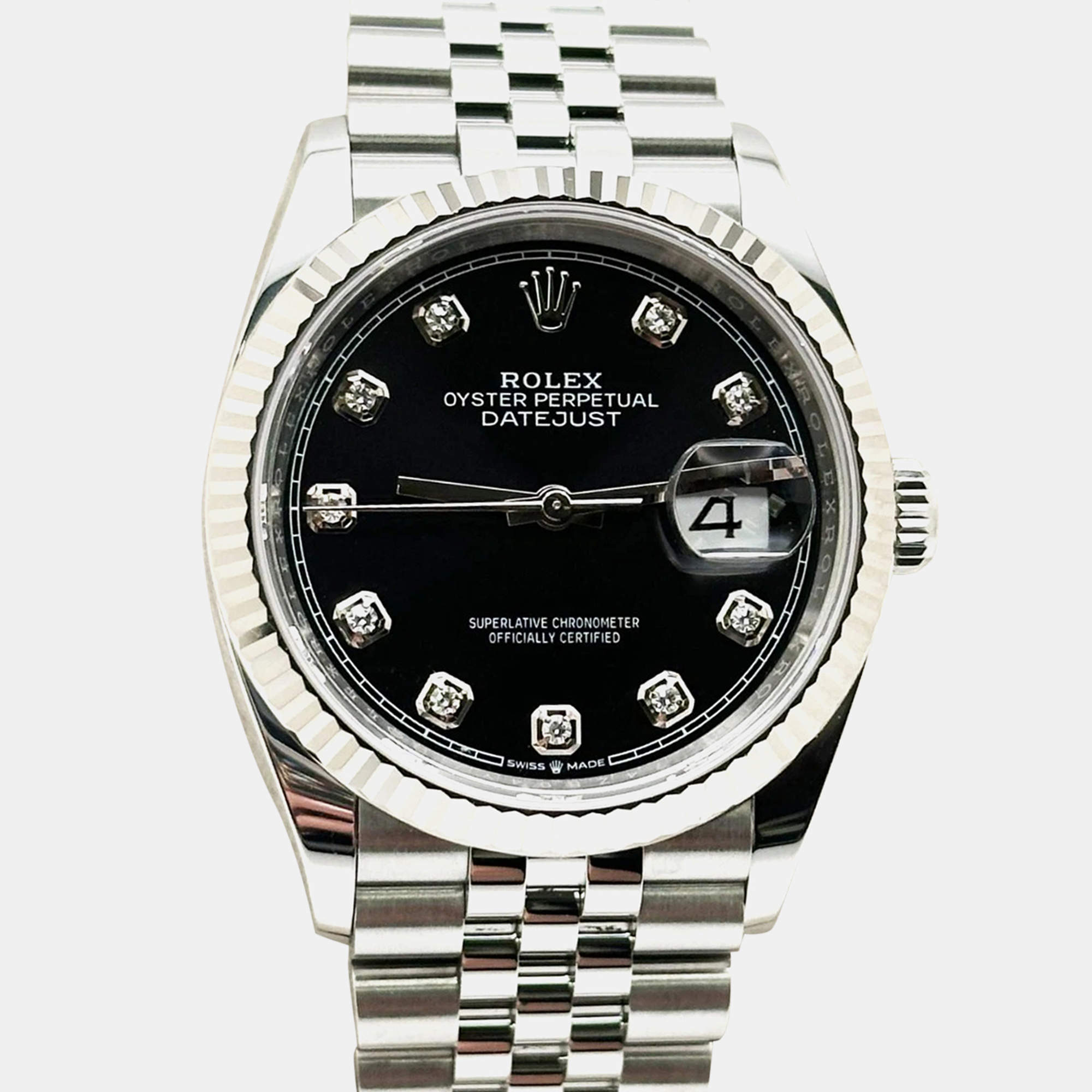 Pre Owned Rolex Datejust 126234 Automatic Black Diamond Stainless Steel Jubilee Men's Wristwatch 36 mm