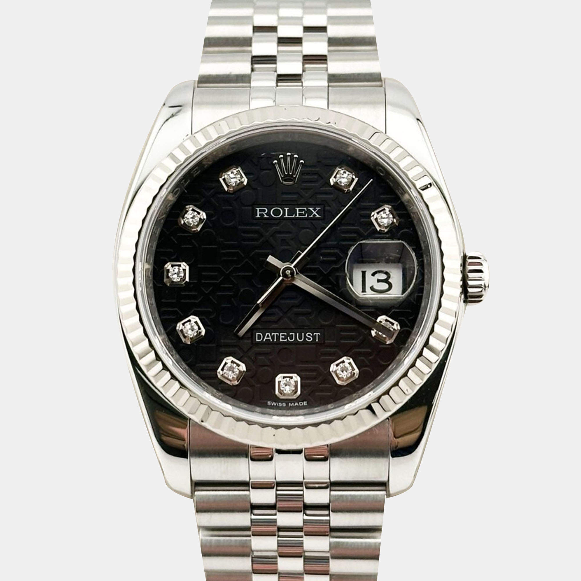Pre Owned Rolex Datejust 116234 Automatic Black Diamond Stainless Steel Men's Wristwatch 36 mm