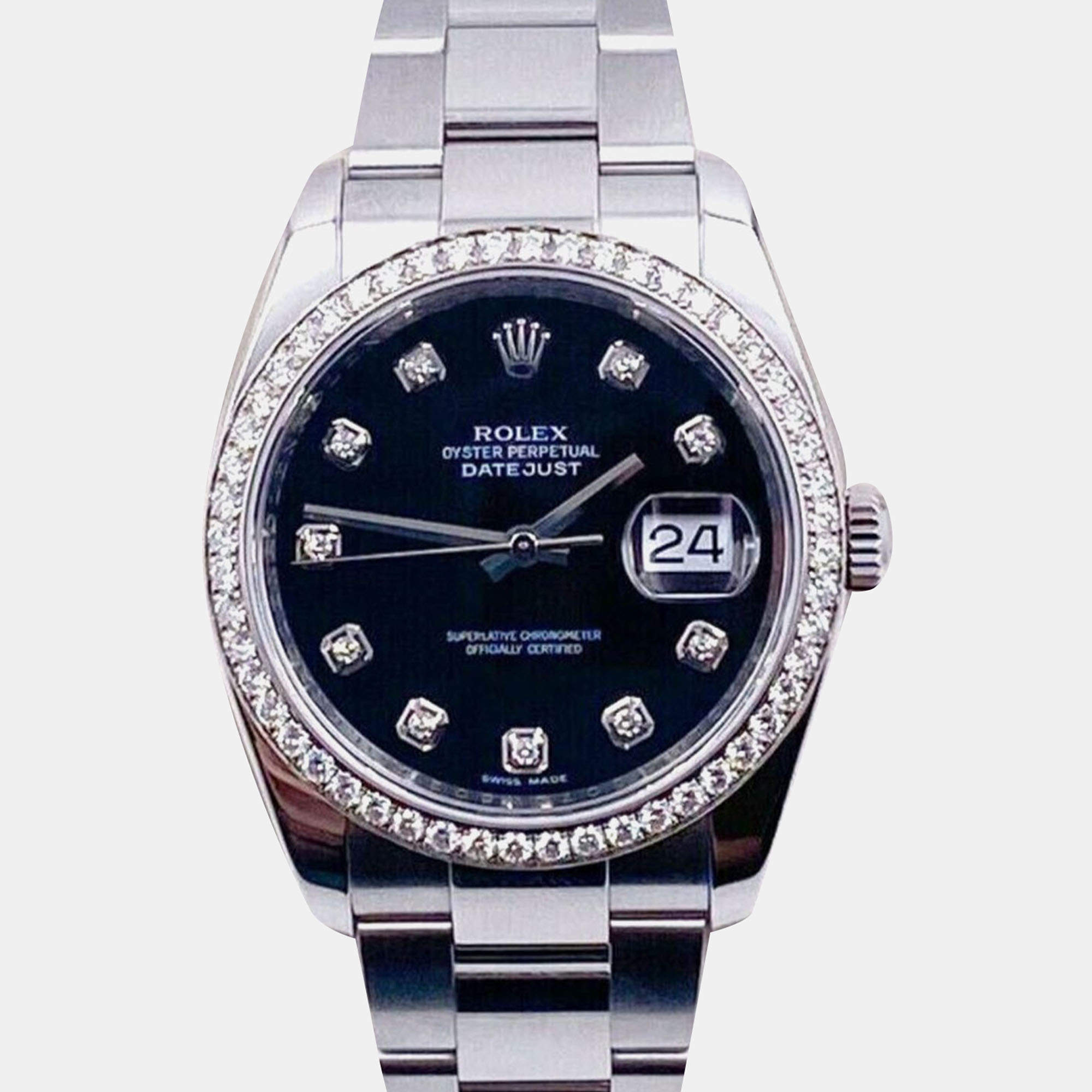Pre Owned Rolex Datejust 116244 Automatic Black Diamond Stainless Steel Men's Wristwatch 36 mm