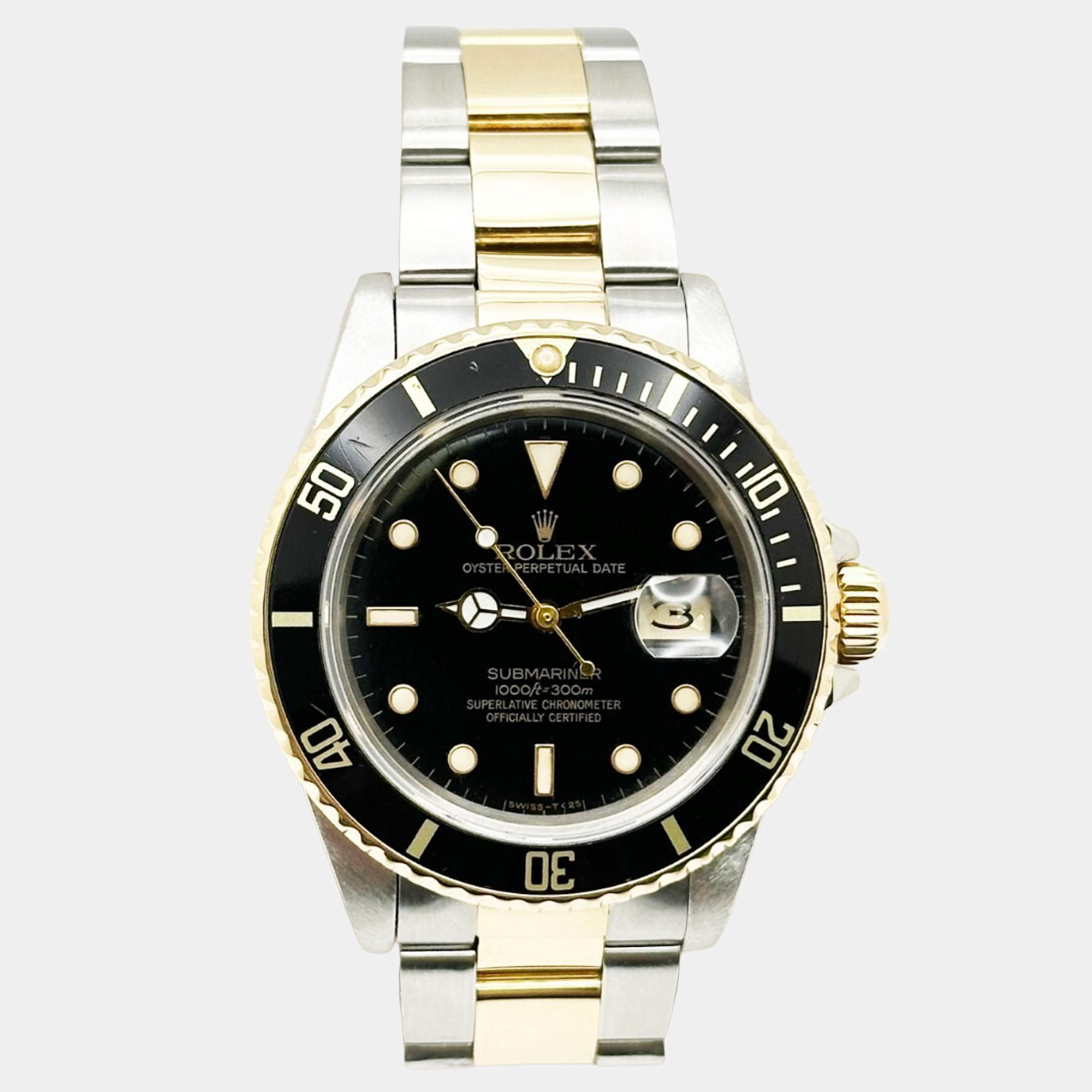 Pre Owned Rolex Submariner 16803 Automatic Black 18K Yellow Gold Stainless Steel Men's Wristwatch 40 mm