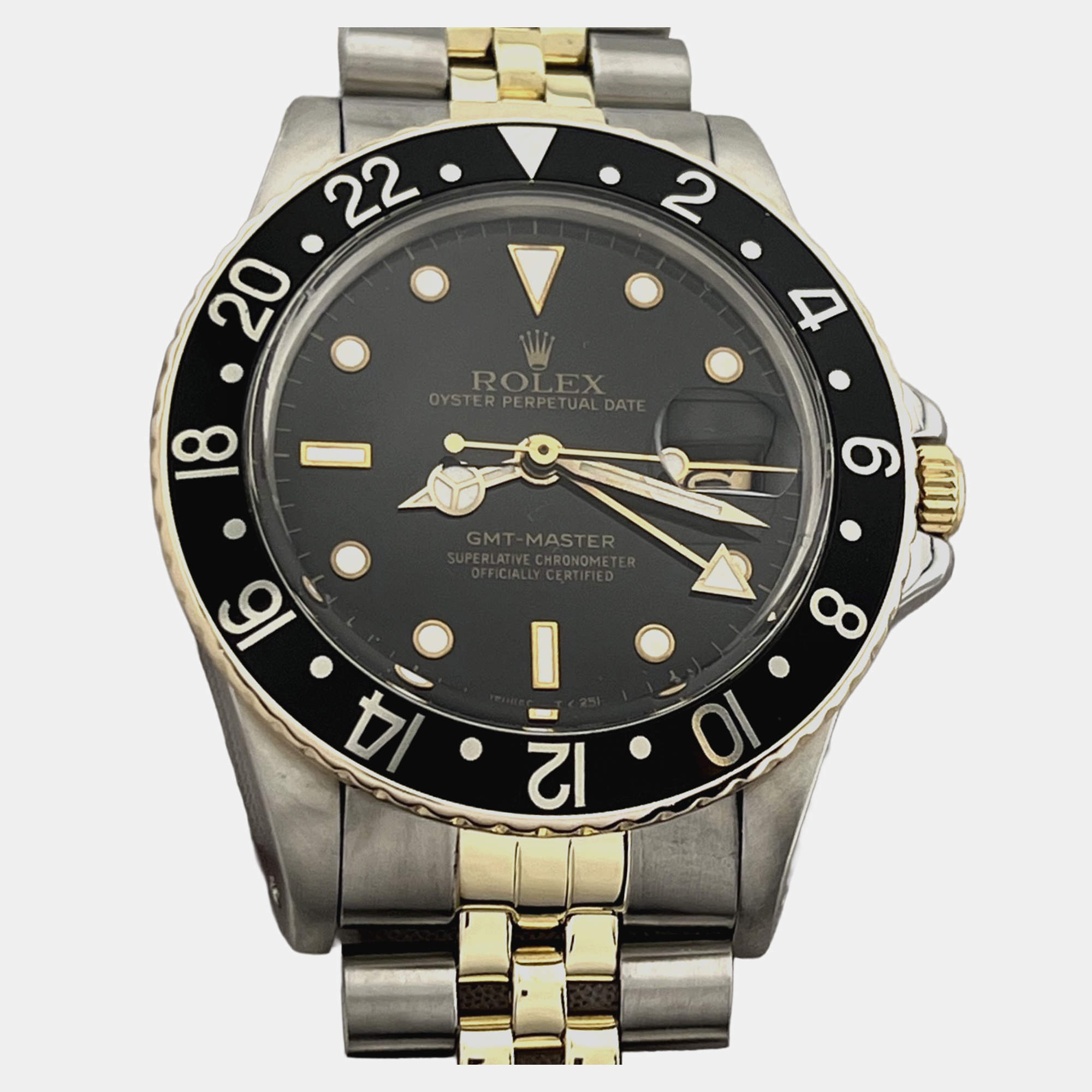 Pre Owned Rolex GMT Master 16753 Automatic Black & Yellow 18K Yellow Gold Stainless Steel Men's Wristwatch 40 mm