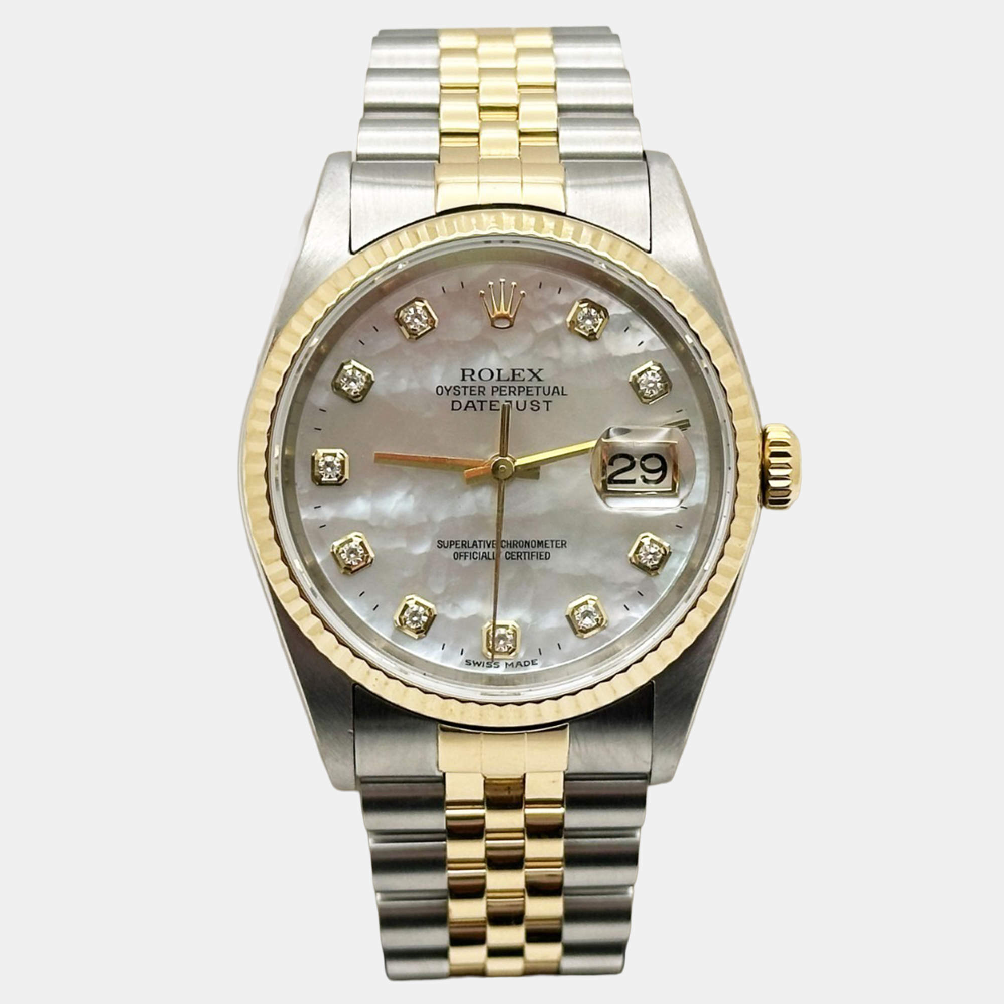 Pre Owned Rolex Datejust 16233 Automatic Mother of Pearl Diamond Stainless Steel 18K Gold Jubilee Men's Wristwatch 36 mm