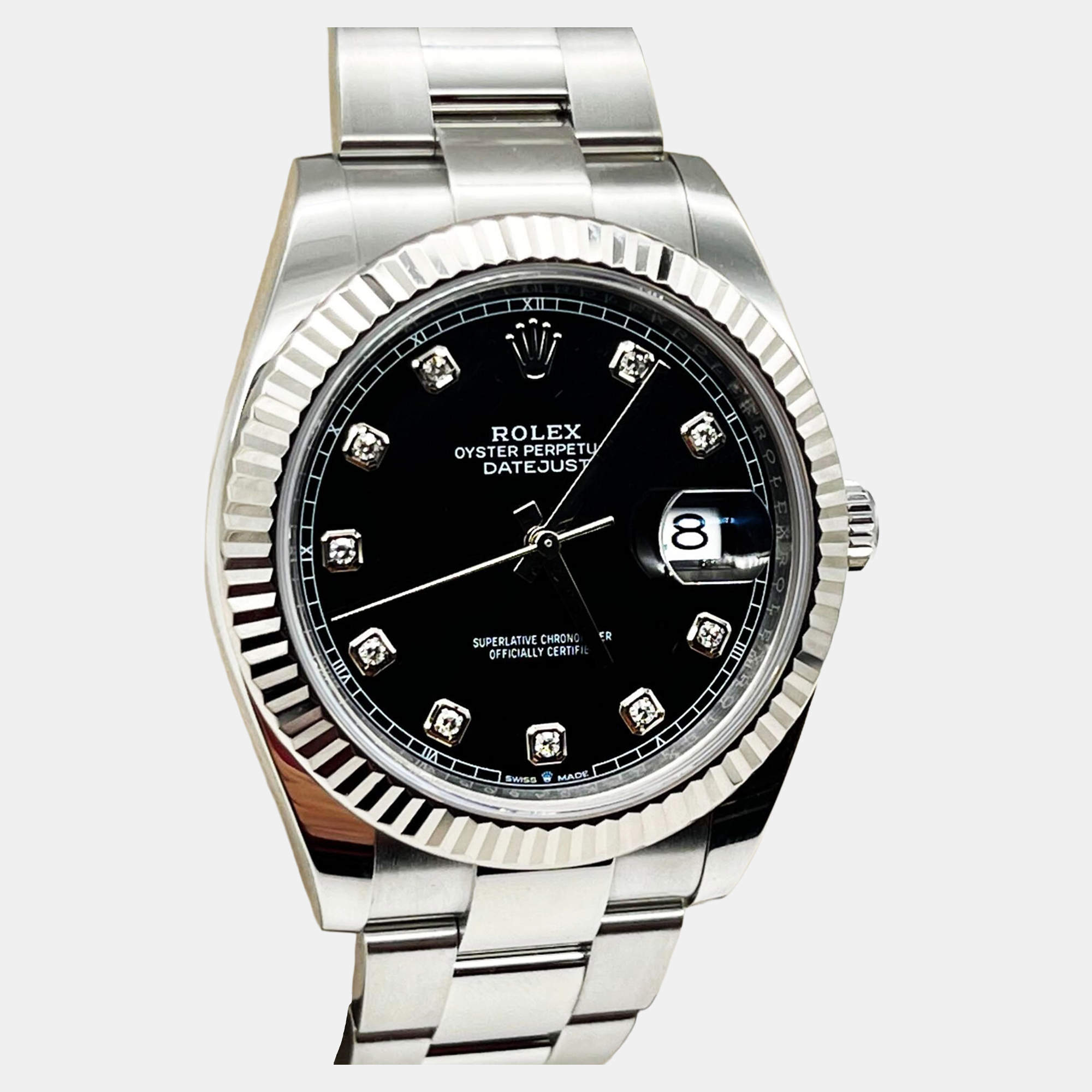 Pre Owned Rolex Datejust 126334 Automatic Black Diamond 18K White Gold Stainless Steel Men's Wristwatch 41 mm