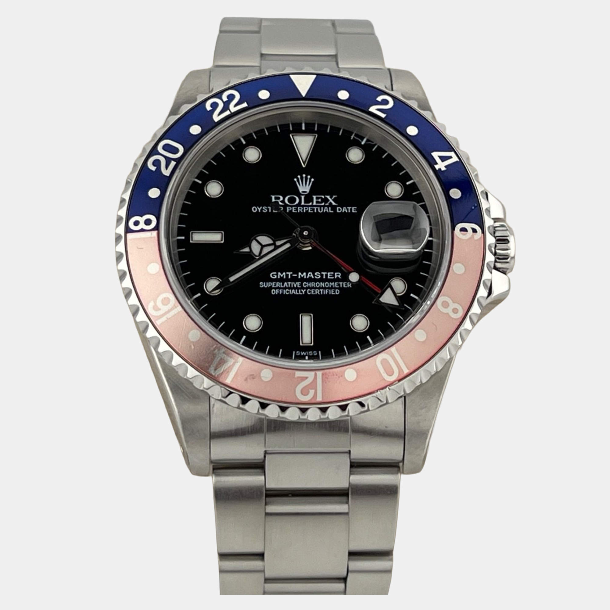 Pre Owned Rolex GMT Master Pepsi 16700 Automatic Black Stainless Steel Men's Wristwatch 40 mm